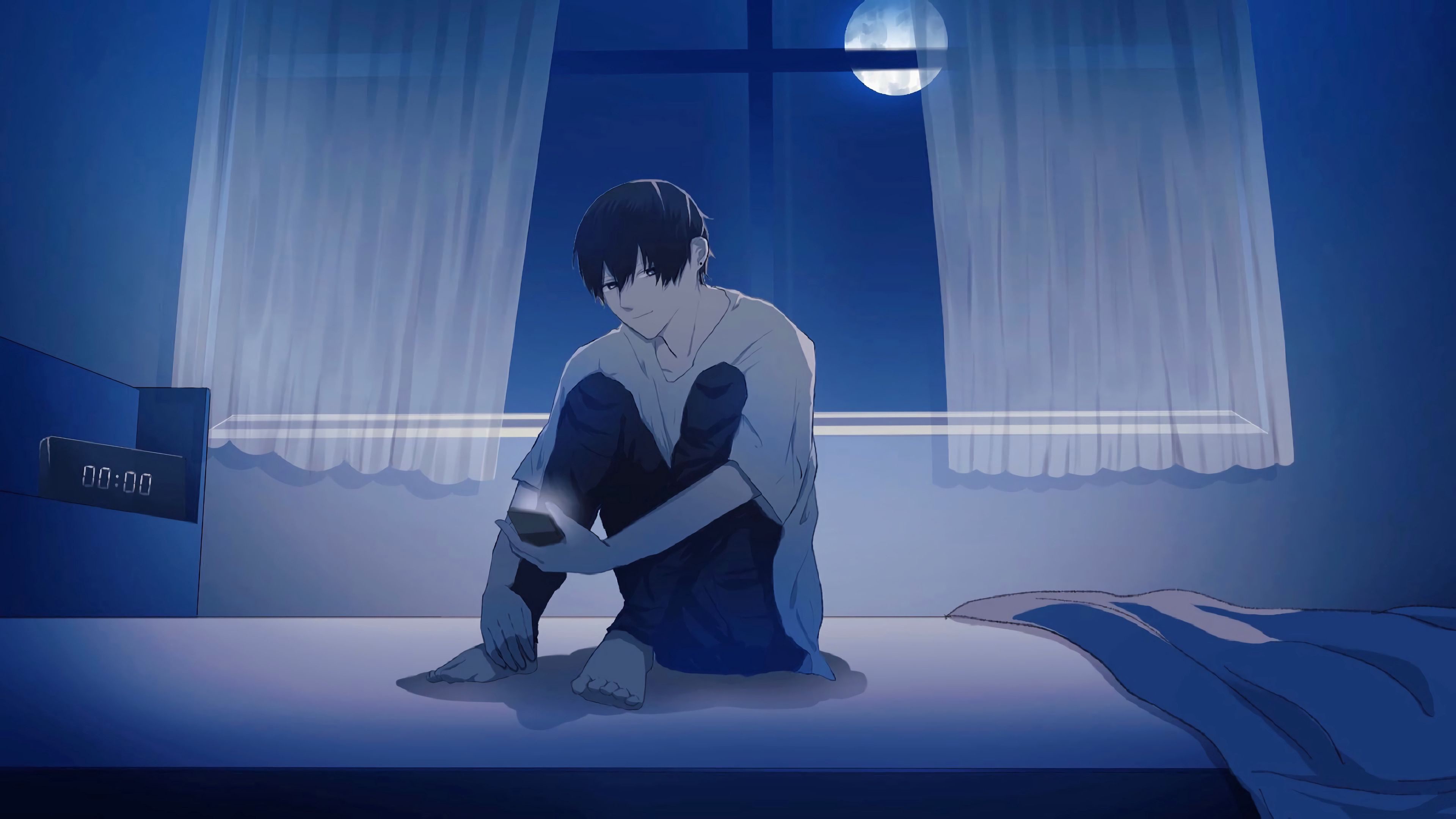 Boy Is Sitting Alone On Bed During Nighttime 4K HD Anime Boy Wallpaper