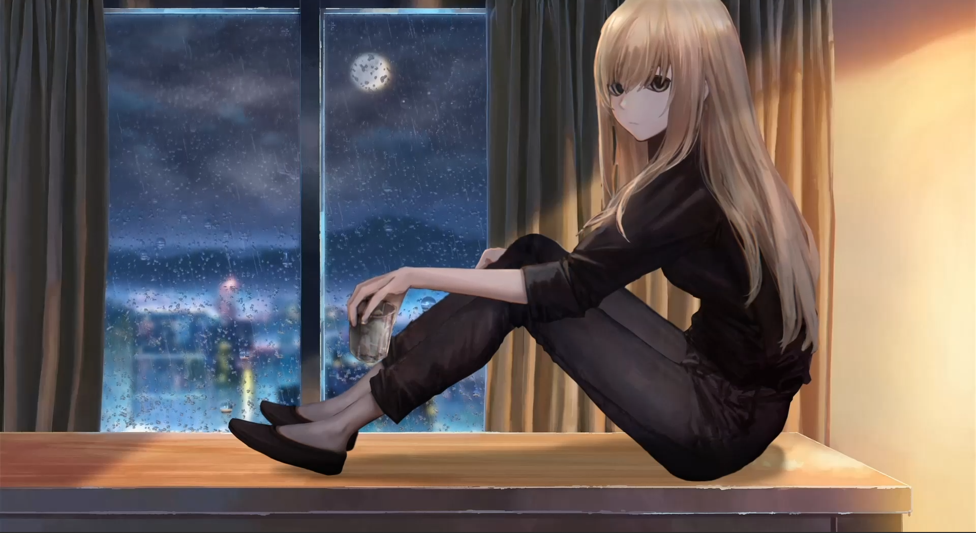 A girl sitting on the window sill drinks an evening drink live wallpaper [DOWNLOAD FREE]