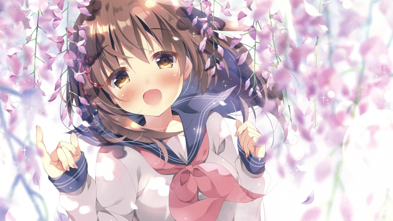 Download 1366x768 Anime Girl, Moe, School Uniform, Cherry Blossom, Cute Wallpaper for Laptop, Notebook
