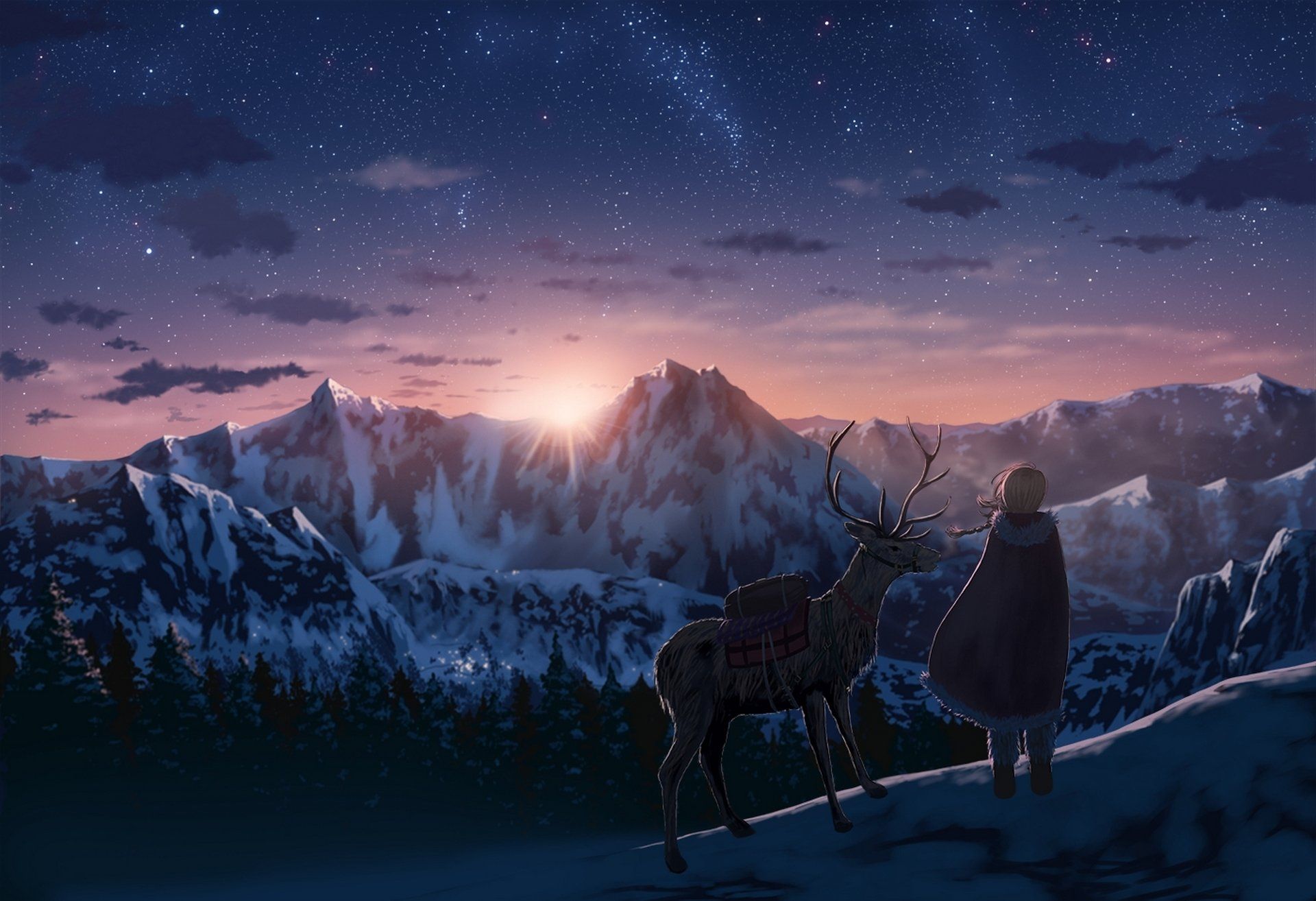 Anime Original Mountain Nature Cloud Horns Sky Sun Sunset Girl Deer Stars Winter Landscape Wallpaper. Anime scenery, 1080p anime wallpaper, Anime wallpaper