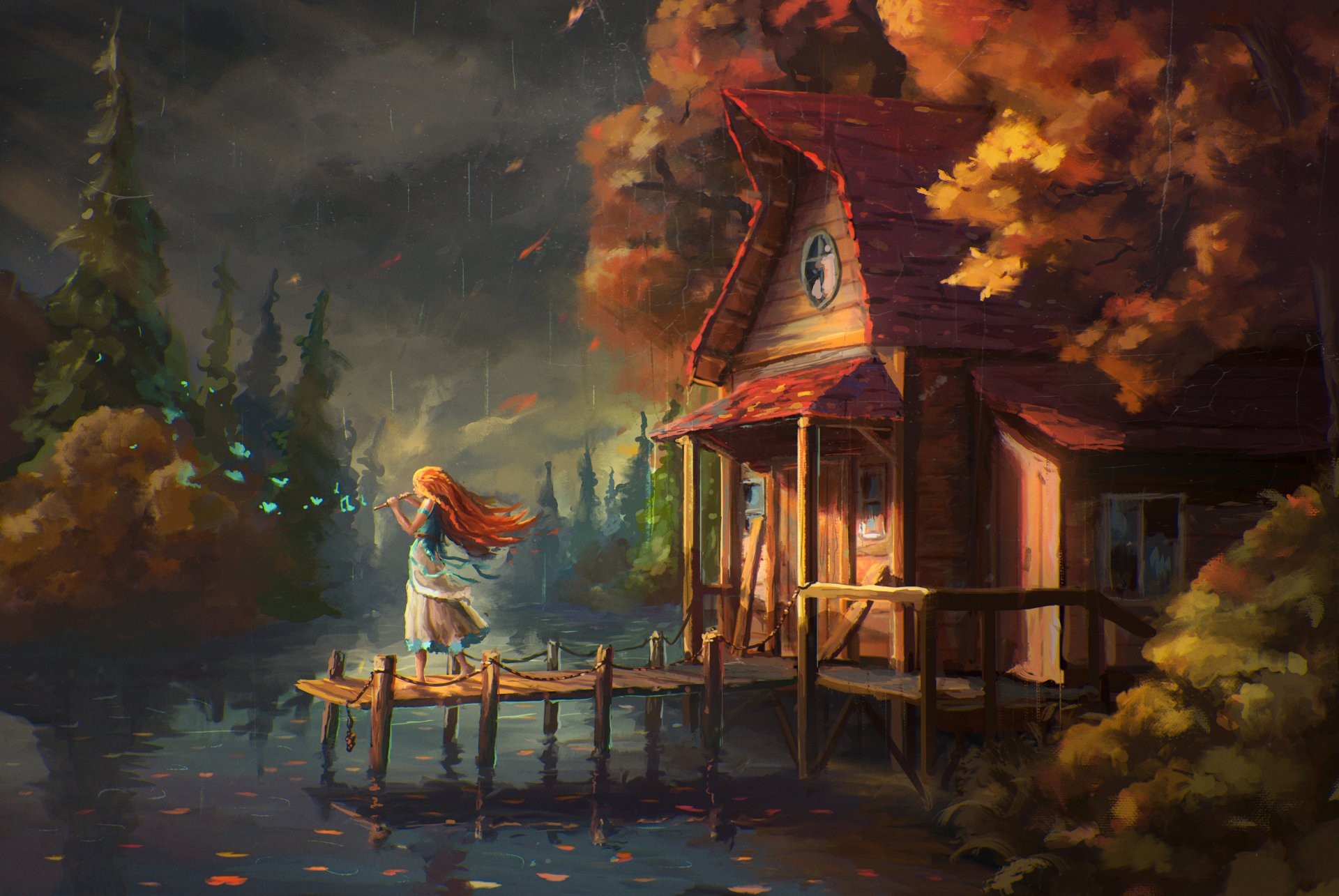 Wallpaper, painting, evening, cabin, fairy tale, autumn, screenshot 1920x1285