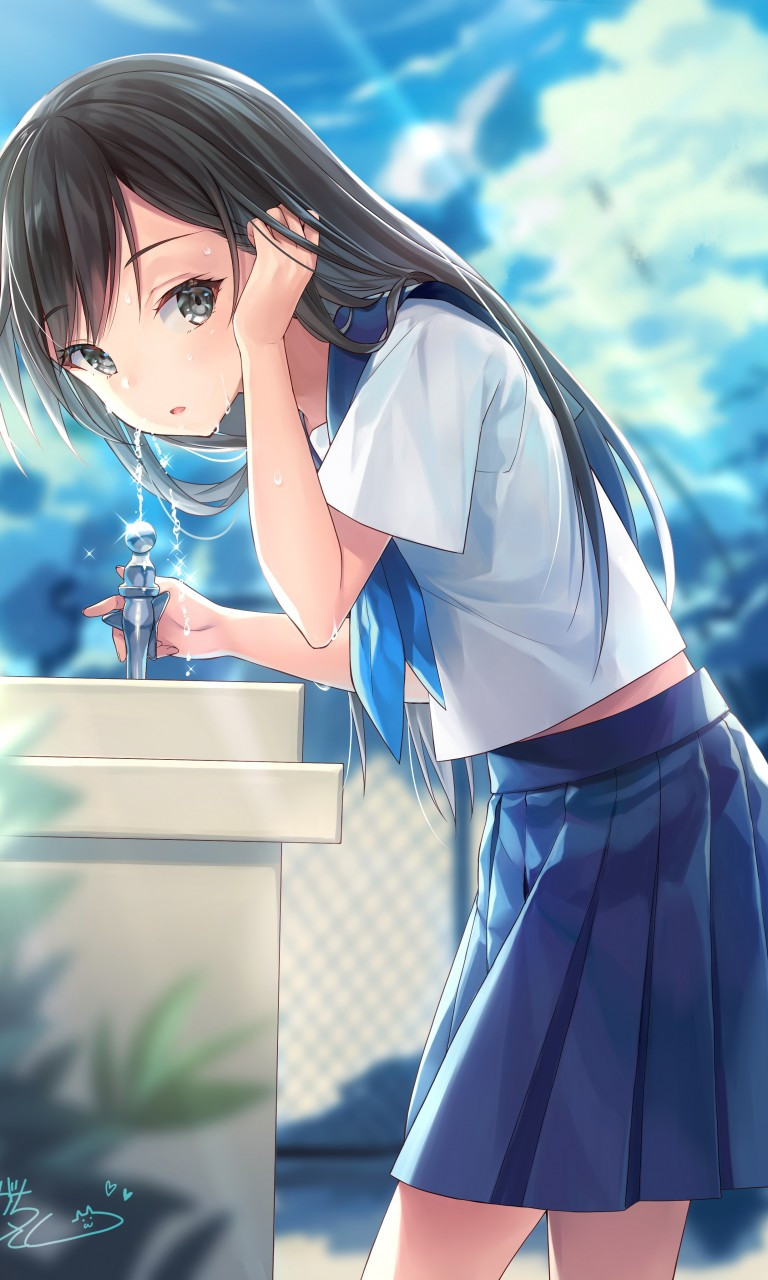 Download 768x1280 Anime School Girl, Water Fountain, Uniform, Pretty, Brown Hair, Clouds Wallpaper for Galaxy SIV, Nokia Lumia Acer Picasso