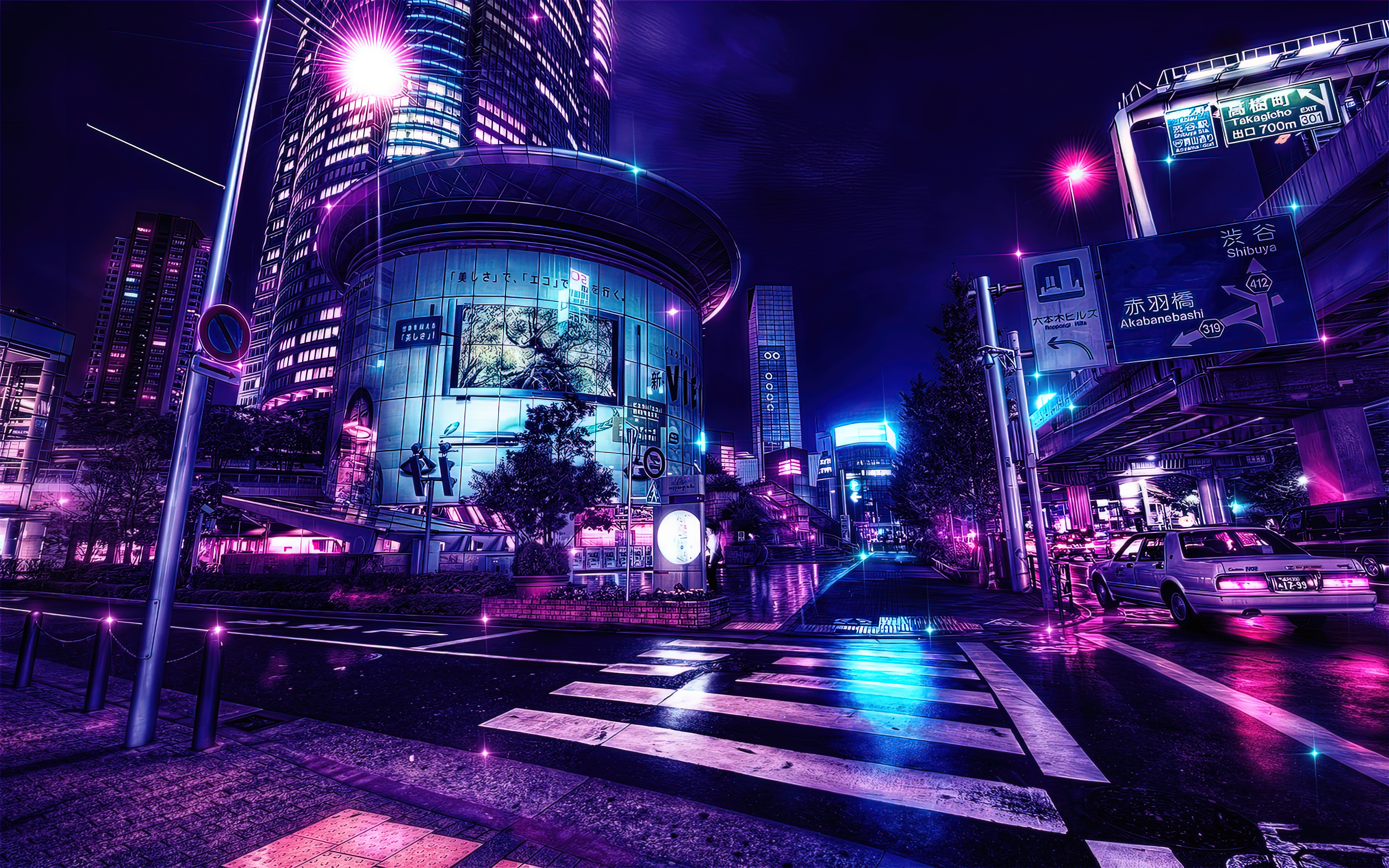 Wallpaper, anime wallpaper, city, Tokyo, edit, Photohop, neo noir, Color Burst, Asia, Japan, cityscape, digital art, traffic, street, sky, night, lights 2880x1800
