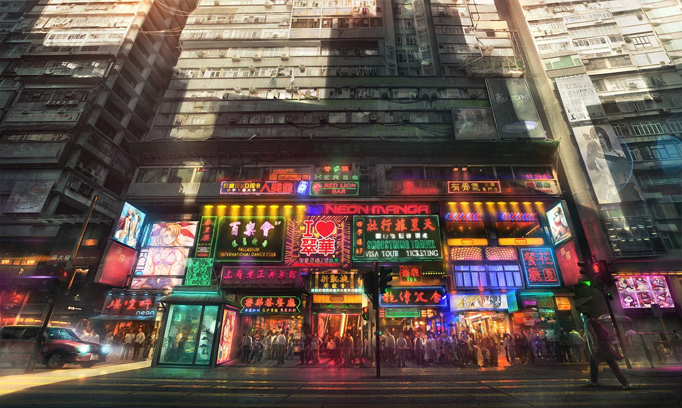 Japanische Neon City Night Auto Fußmatten, Anime Pink Purple Night