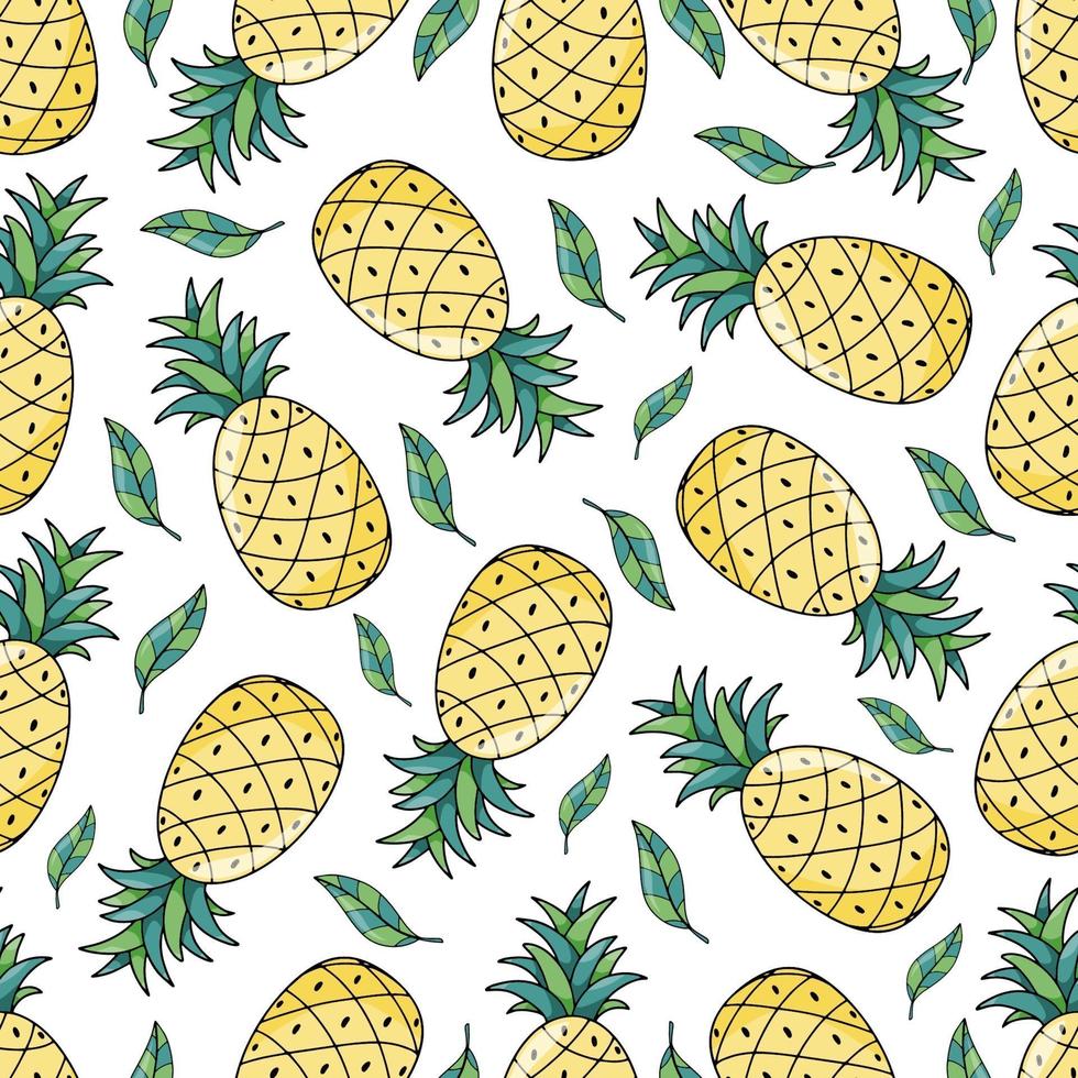 Tropical ananas pineapple fruit seamless pattern on white background. Vector illustration for textile print, wallpaper, fashion design