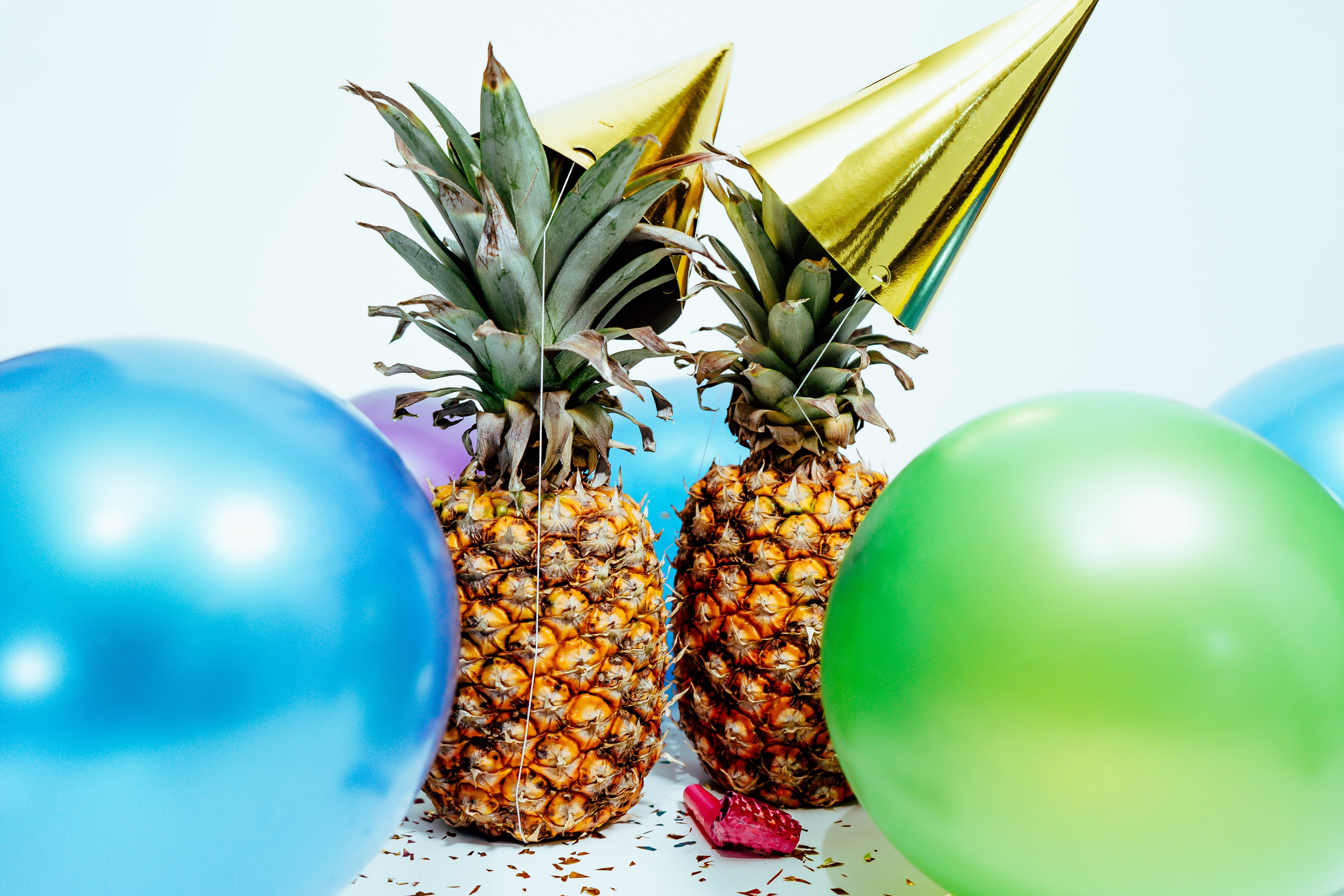 5845x3897 #confetti, #wallpaper, #tropical, #lit, #play, #funny background, #fun, #funny wallpaper, #fruit, #Free picture, #balloon, #milestone, #party, #golden, #good time, #new year, #summer, #happy, #positive, #pineapple, #party hat