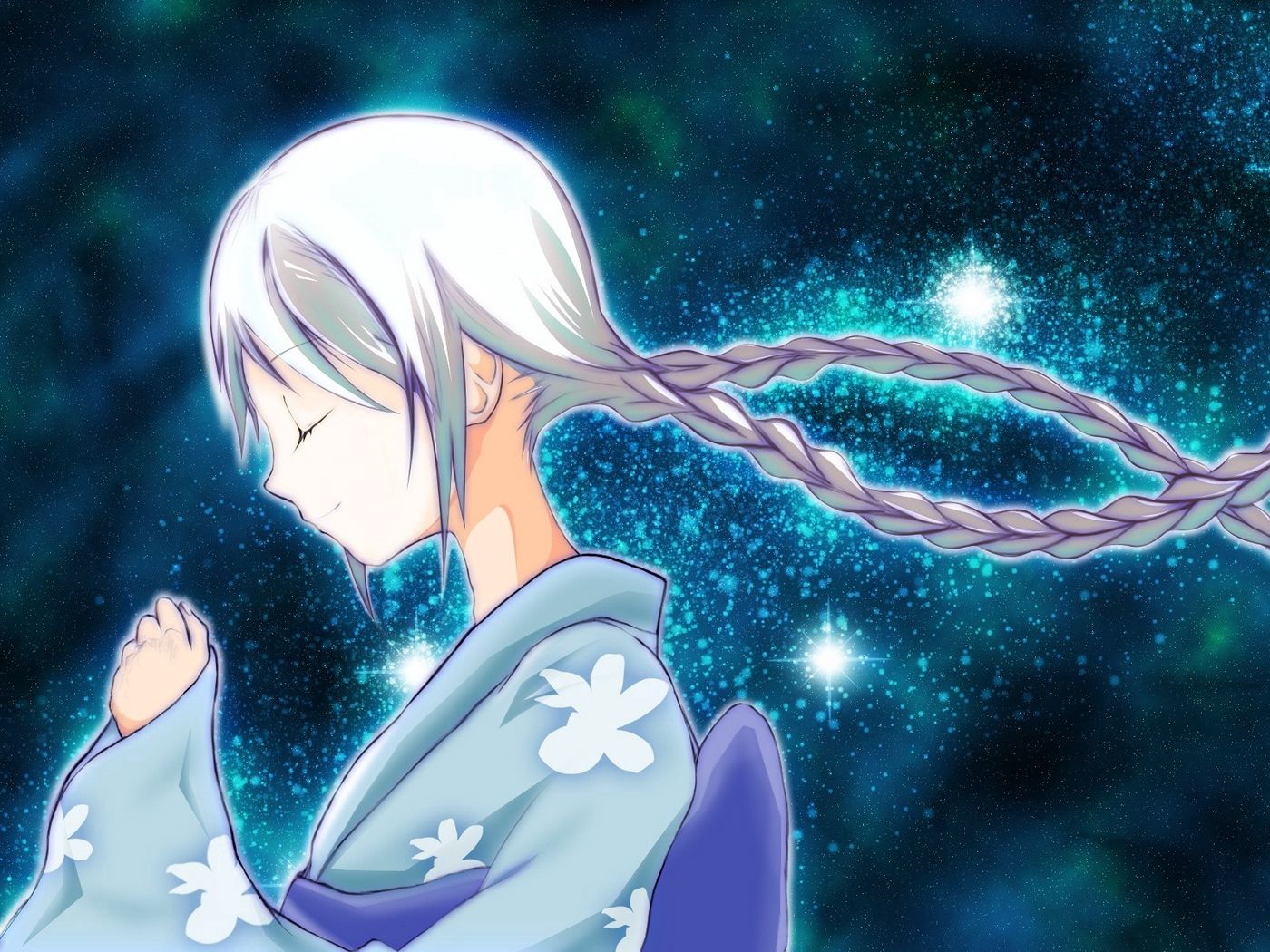 Download wallpaper 1400x1050 anime, girl, glow, outer, space, kimono, smile standard 4:3 HD background