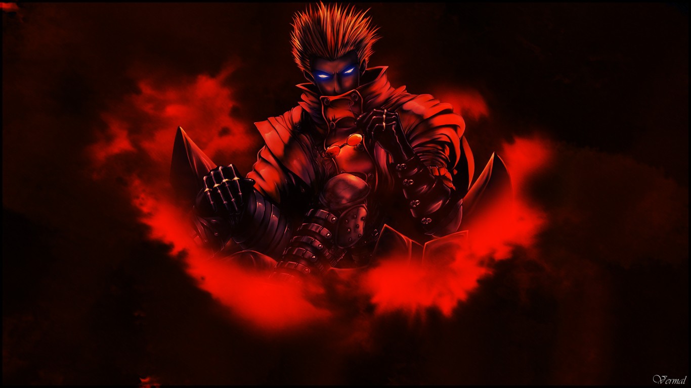 Wallpaper, anime, glowing eyes, demon, Trigun, Vash the Stampede, flame, darkness, screenshot, computer wallpaper, special effects 1366x768