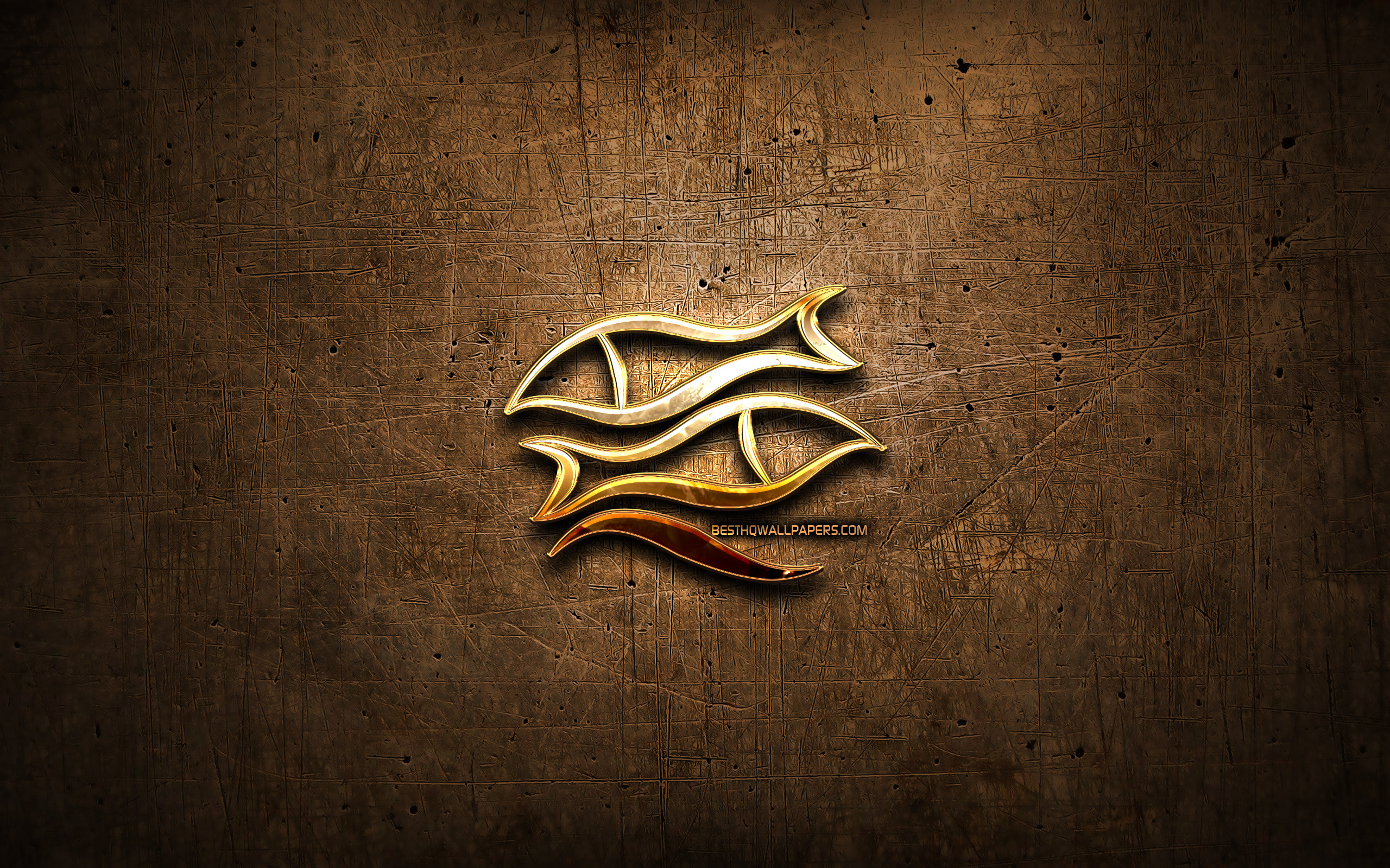 Download wallpaper Pisces golden sign, metal background, creative art, zodiac signs, Pisces zodiac sign, astrology, Pisces Horoscope sign, Pisces, astrological sign, Pisces zodiac symbol for desktop with resolution 2560x1600. High Quality HD