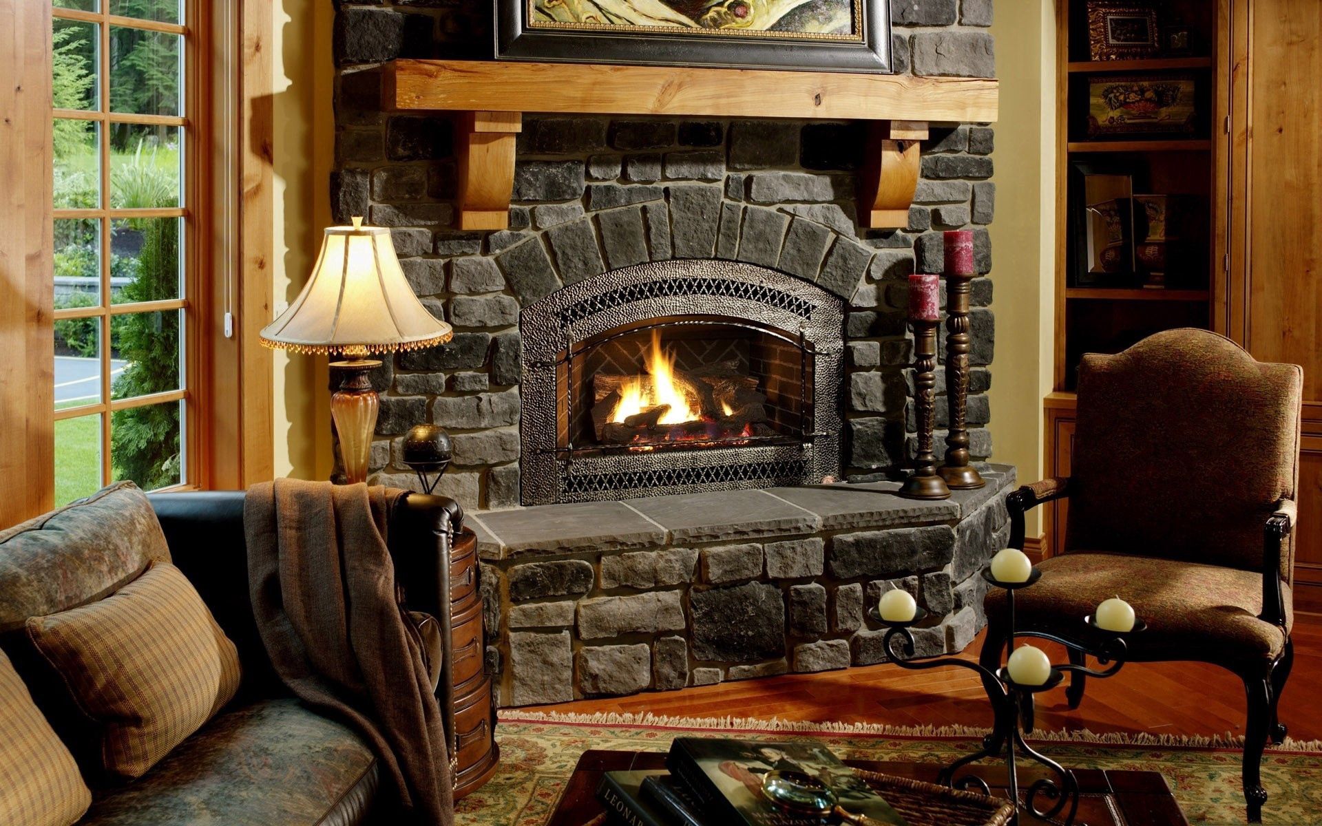 Download wallpaper 1920x1200 fireplace, chair, comfort, evening, cozy atmosphere HD background