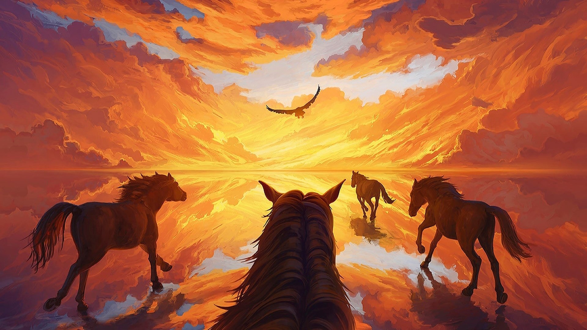 Horses Running in Sunset Reflection
