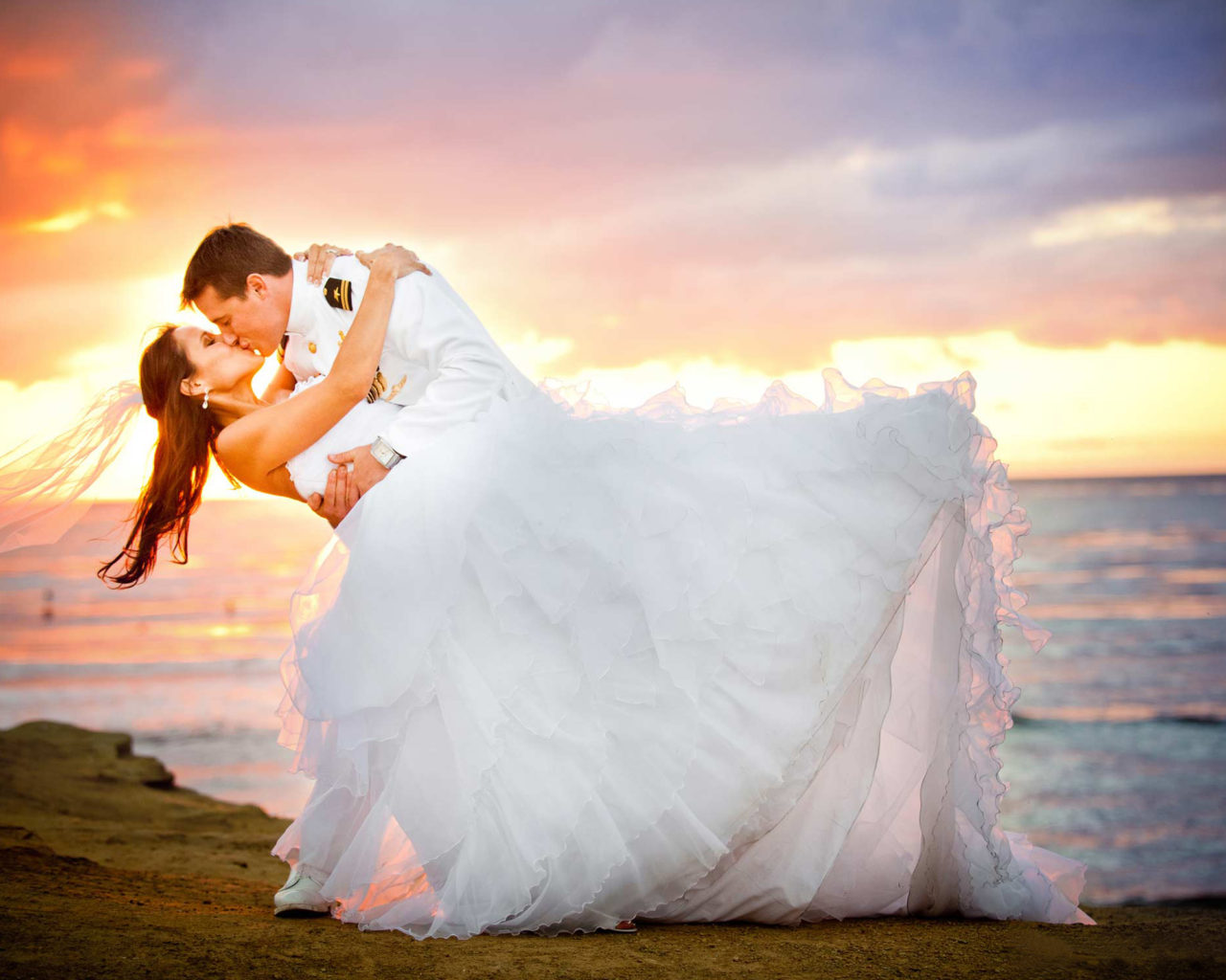 Just Married Loving Couple Bridal In Uniform Young Woman In Wedding Dress Sunset Beach Romantic Couple HD Wallpaper 2560x1600, Wallpaper13.com