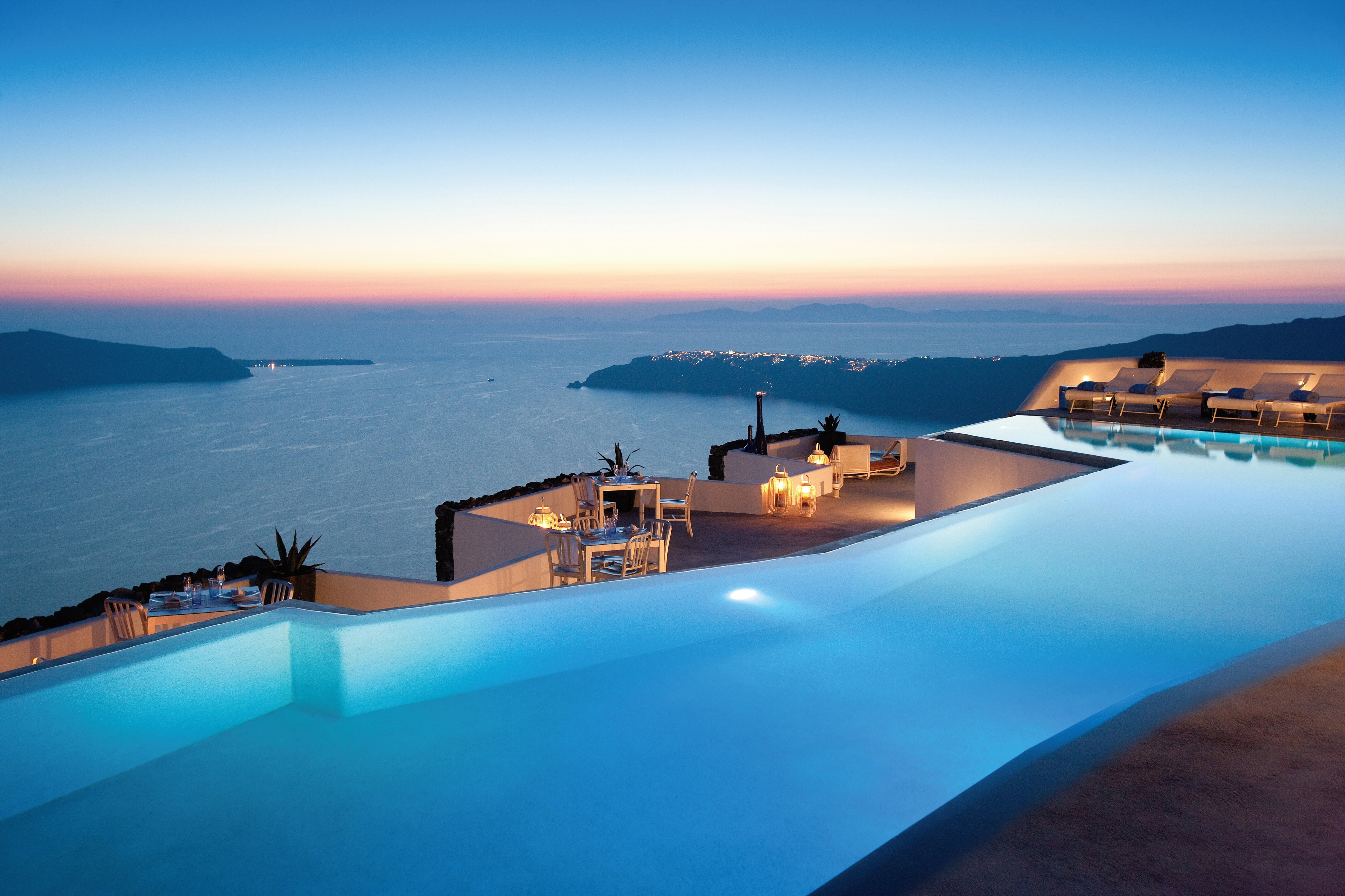 swimming pool, Santorini, Greece, Island, Sea, Hotel, Landscape, Sunset, Evening, Lights, Clear sky, Restaurant, Horizon Wallpaper HD / Desktop and Mobile Background
