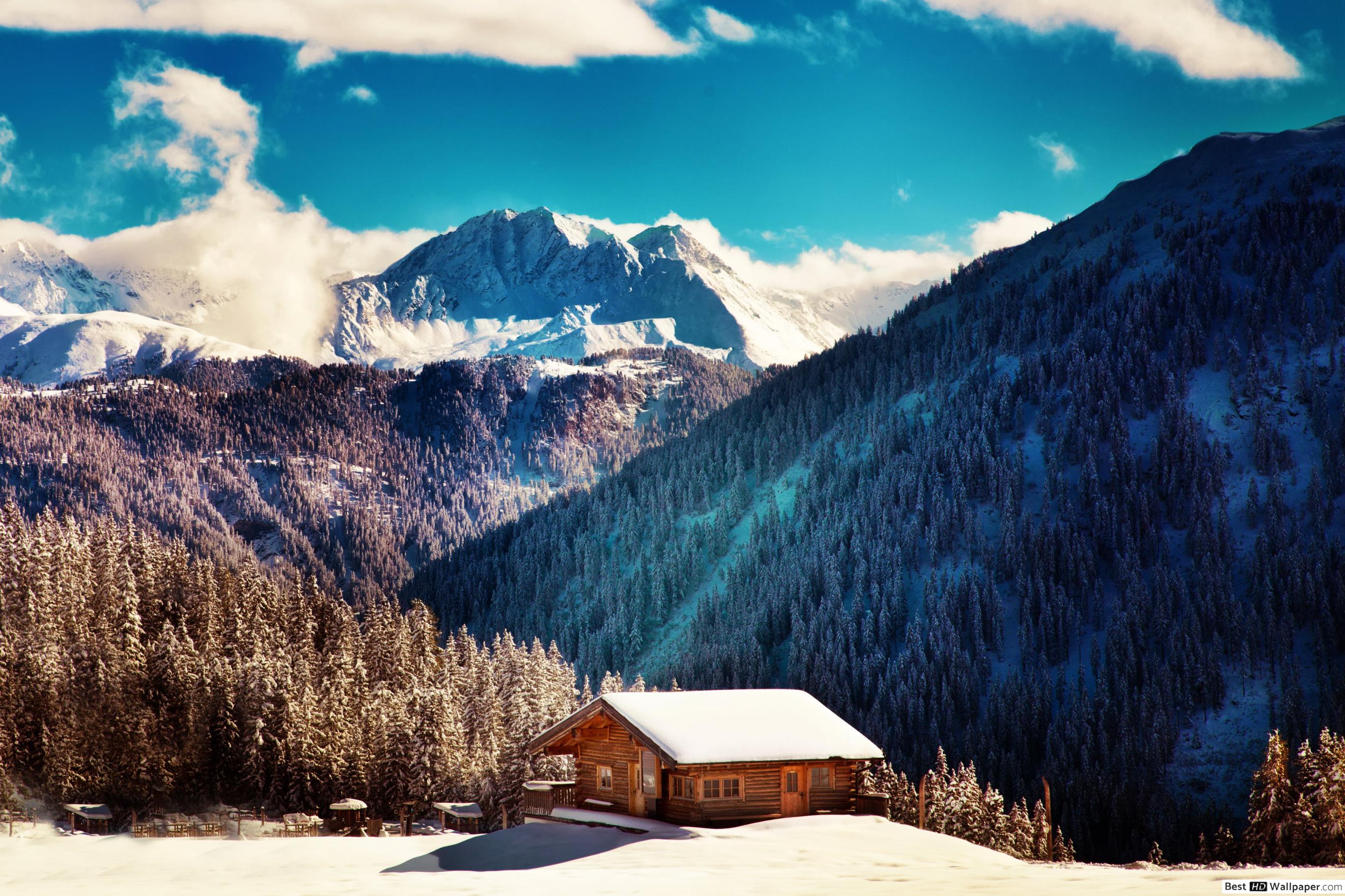 Winter log cabin HD wallpaper download