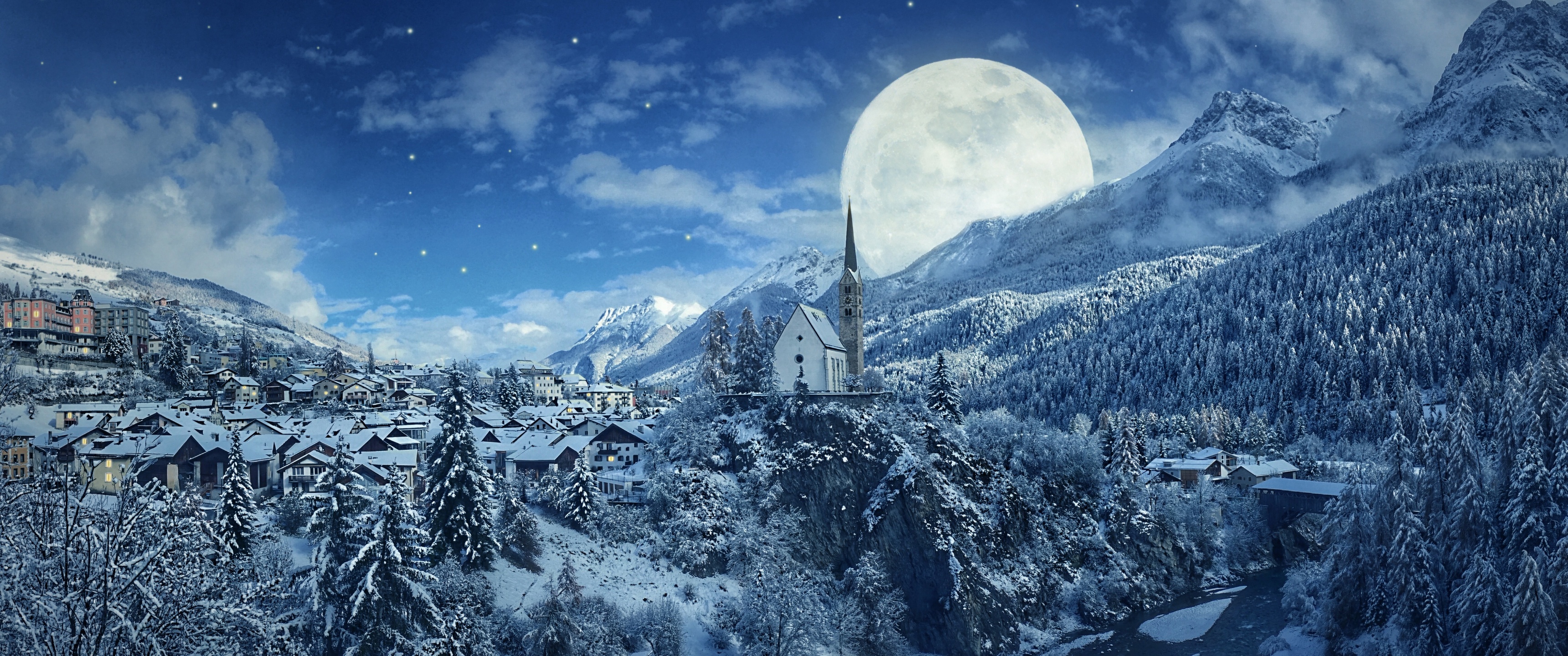Winter Wallpaper 4K, Moon, Frozen, Forest, Village, Snowfall, 5K, Nature