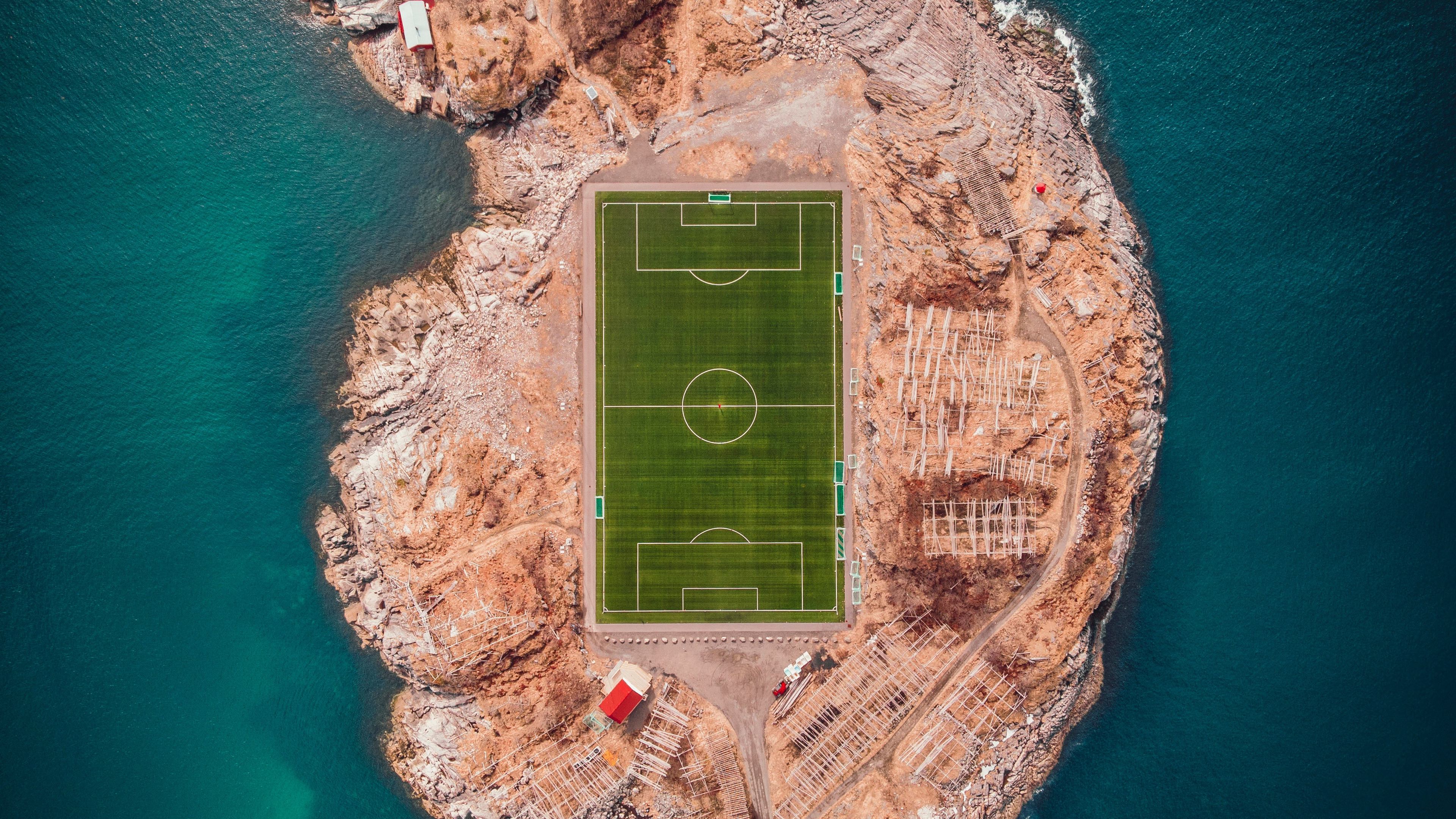 Wallpaper 4k football field, island, top view, lofoten, norway 4k Wallpaper
