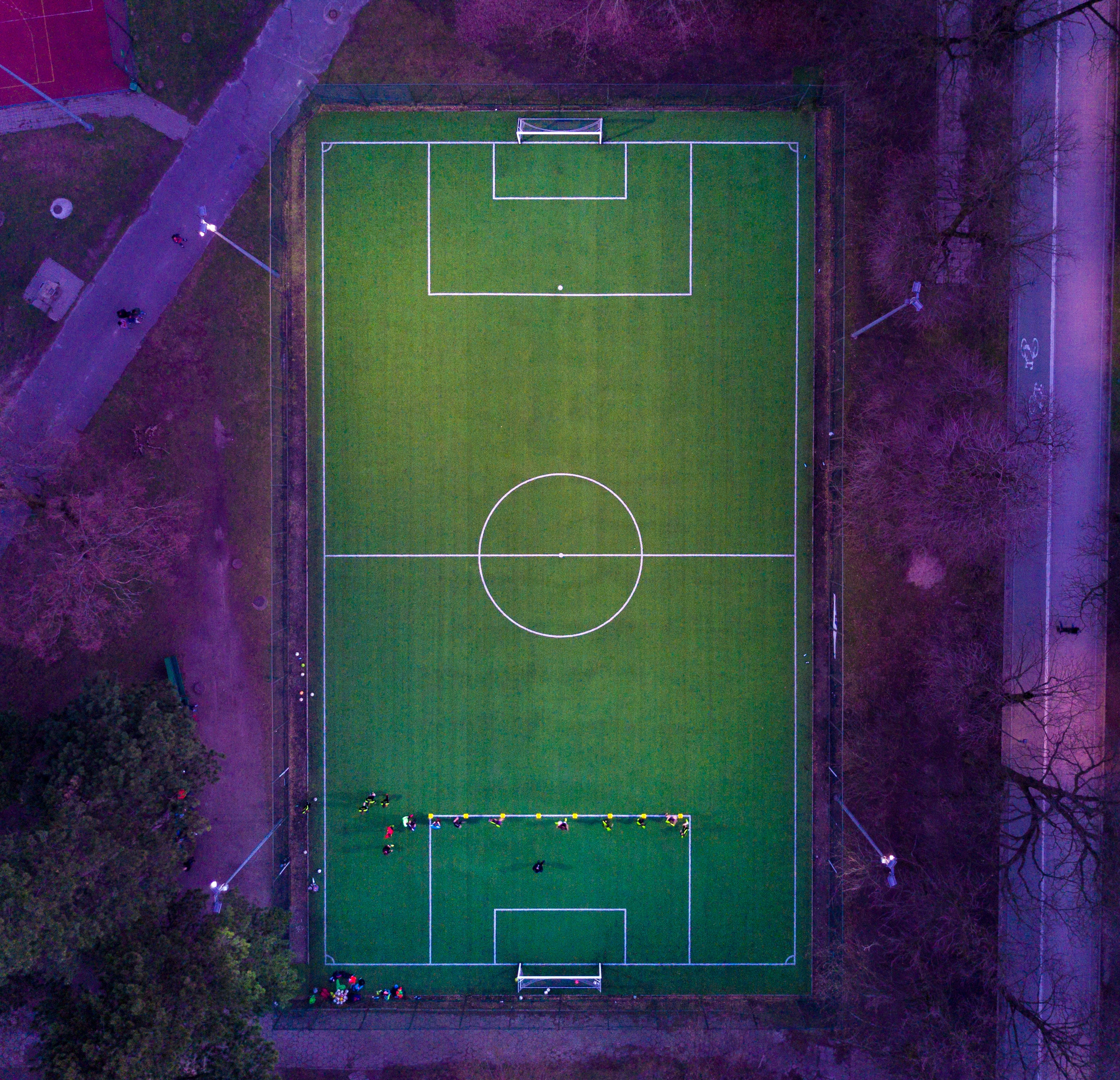 2913x2809 drone view, topdown, floodlight, pitch, sport, drone, purple, court, Free , game, aerial view, aerial, green, field, soccer, football, lines, grass, team. Mocah HD Wallpaper