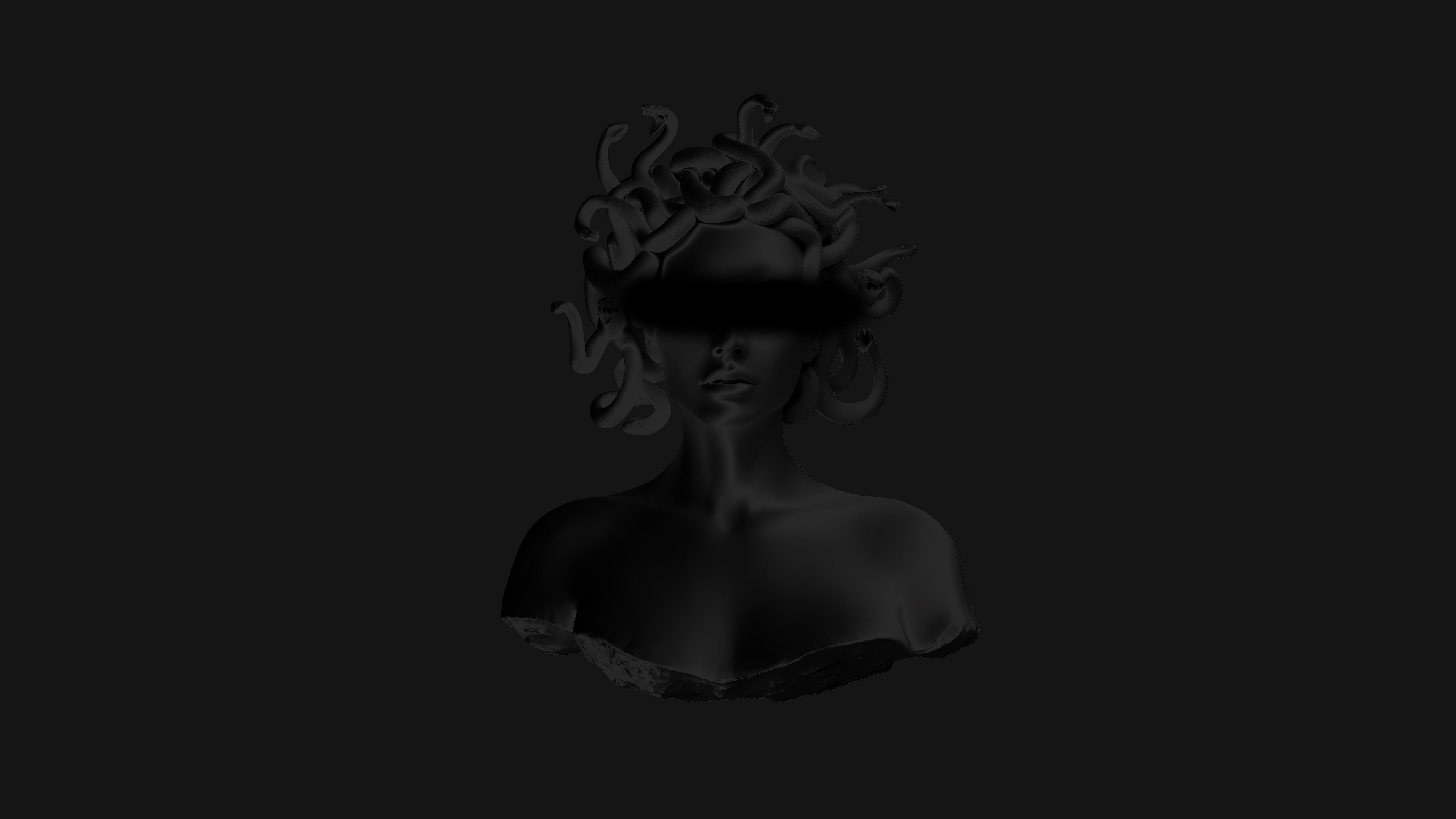 4K, dark, Medusa, simple background, black background, CGI, black, render, monochrome. Mocah HD Wallpaper