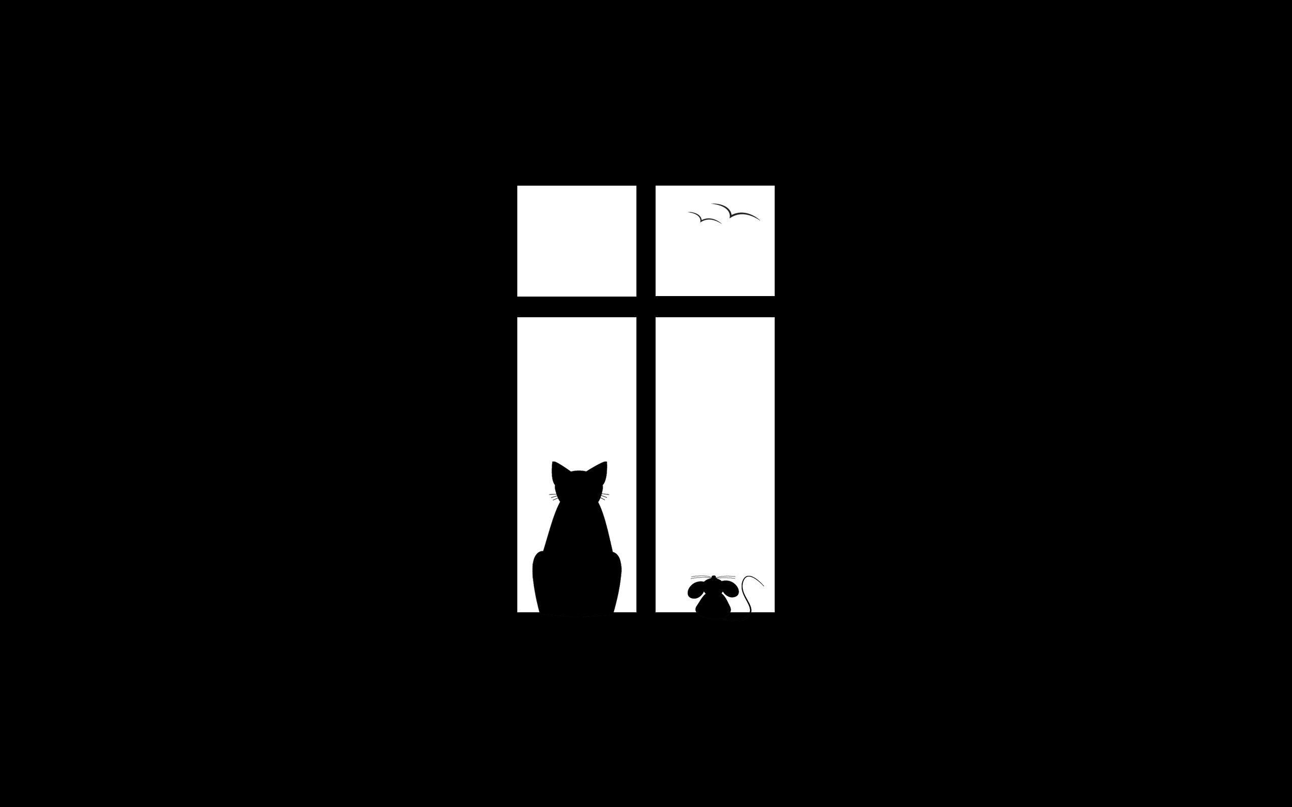 minimalism artwork black background animals black white cat birds wallpaper