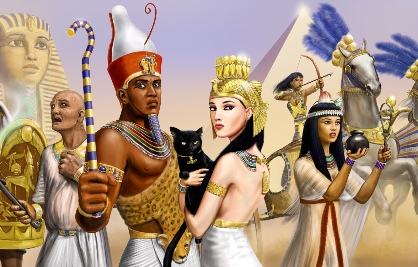 Wallpaper cat, girls, horses, chariot, warrior, art, pyramid, Pharaoh, guys, Egypt, Sphinx, priest image for desktop, section фантастика