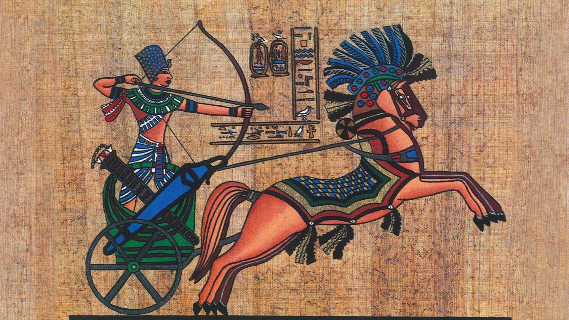 Wallpaper, men, illustration, animals, ancient, horse, bow, texture, archer, Papyrus, arrows, Egypt, hieroglyphics, Pharaoh, ART, recreation, 1920x1080 px, modern art, chariot 1920x1080