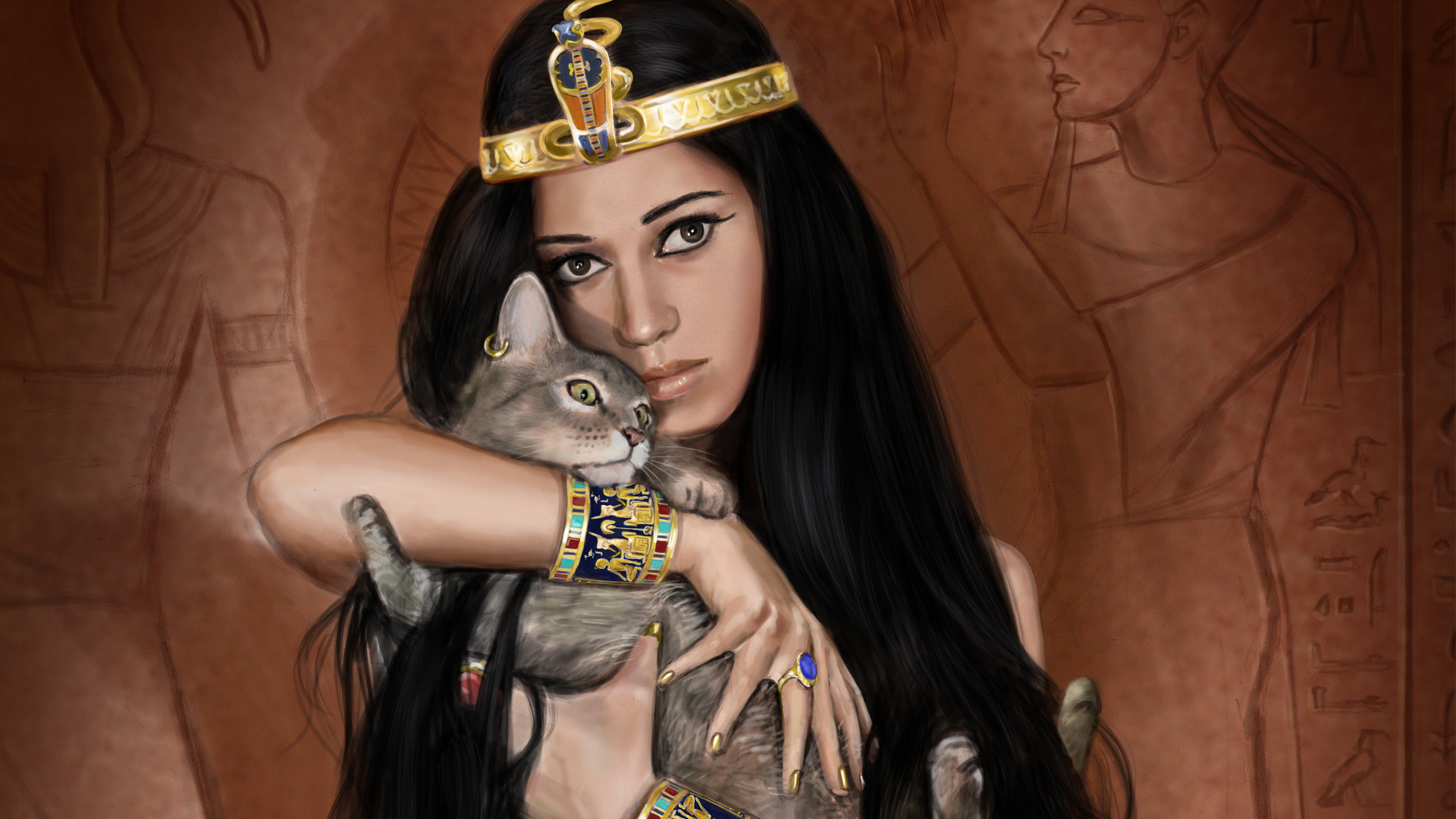 1920x1080 queen, girl, egyptian, egypt, art, cat