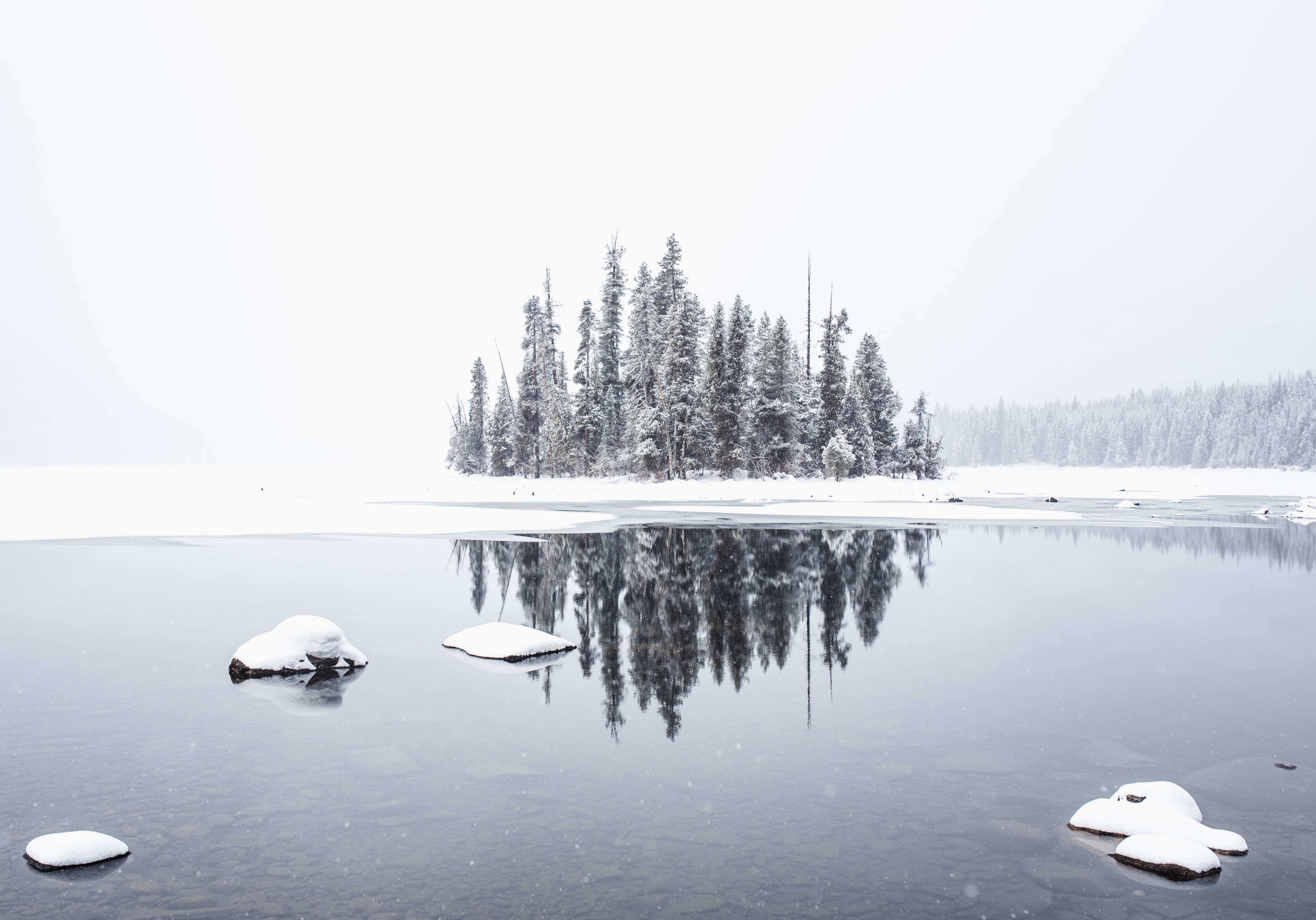 5744x4016 white, pine tree, lake, island, snow, water, tree, cloud, ice, cold, frozen, Free image, rock, reflection, trees