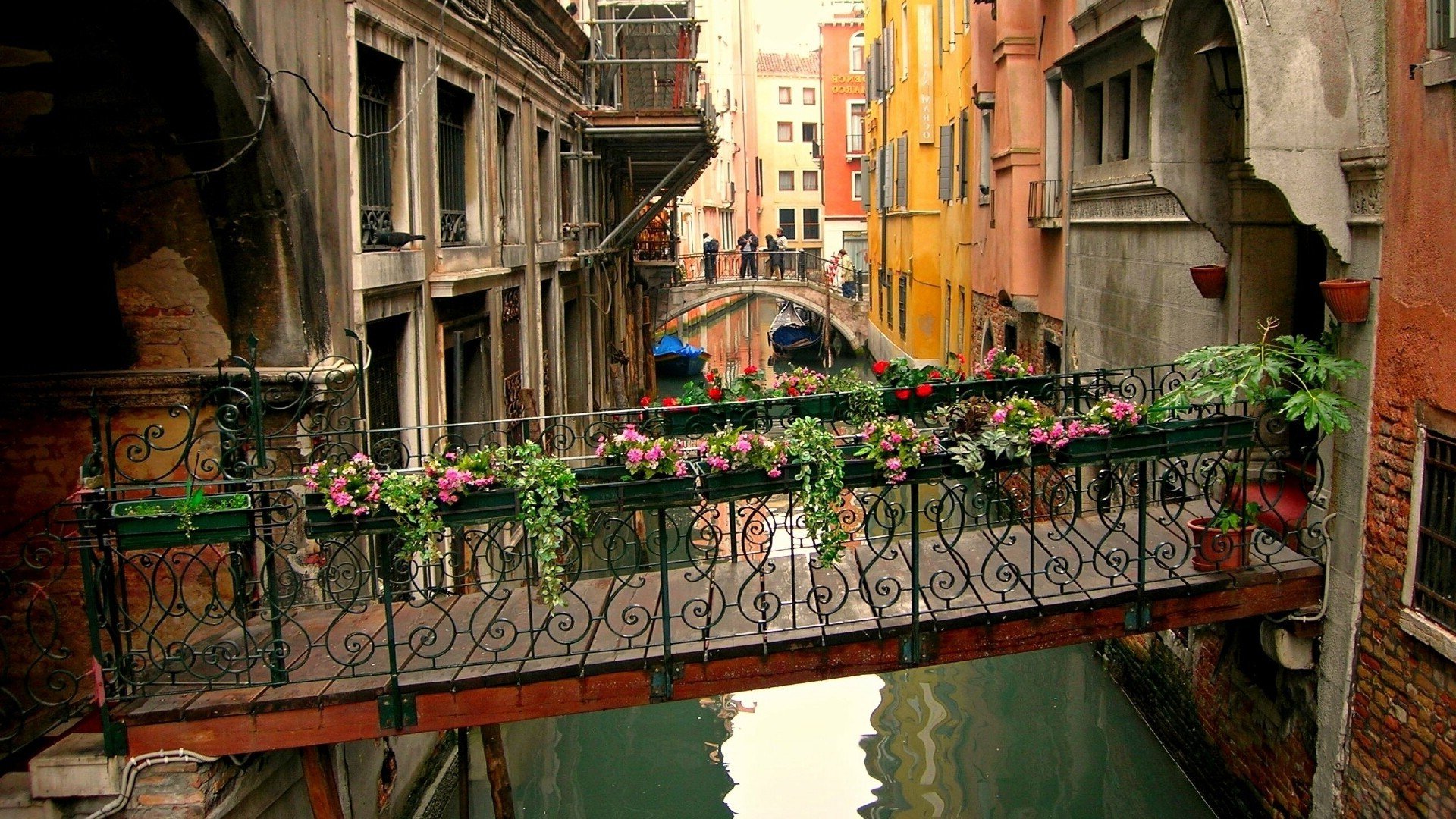 Wallpaper, boat, window, flowers, street, cityscape, Italy, architecture, water, building, reflection, Venice, house, Tourism, bridge, town, canal, color, travel, flower, 1920x1080 px, urban area, waterway, gondola 1920x1080