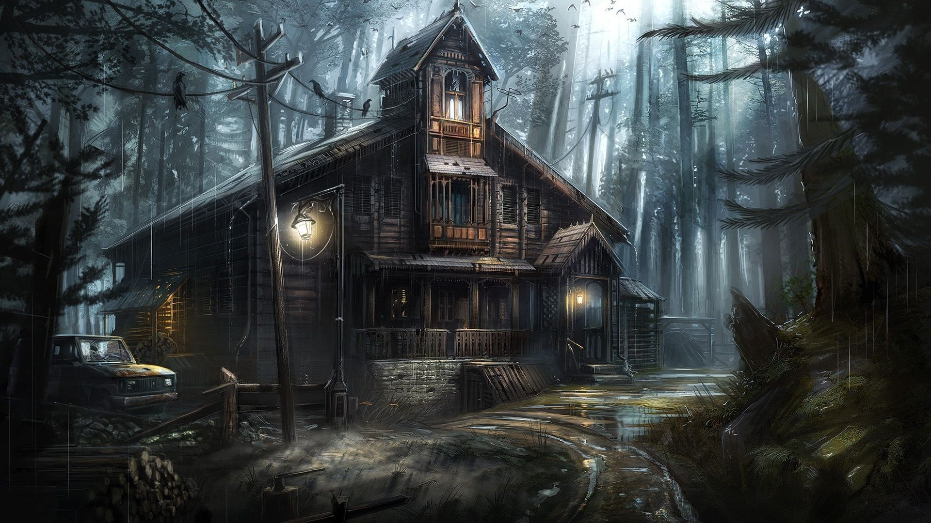 Download 1920x1080 Dark Forest, Crows, Haunted House, Horror Wallpaper for Widescreen