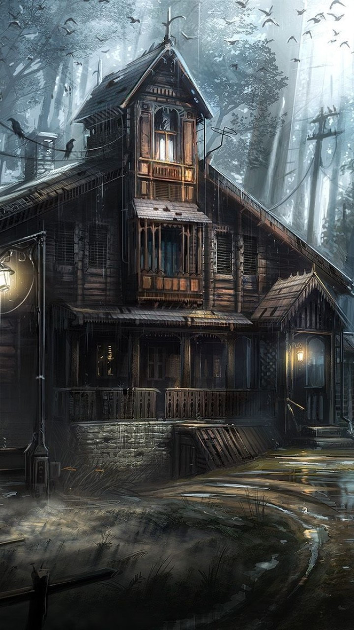 Download 720x1280 Dark Forest, Crows, Haunted House, Horror Wallpaper for Galaxy S3, Galaxy Note II, Galaxy Nexus, Alcatel One Touch Idol Ultra