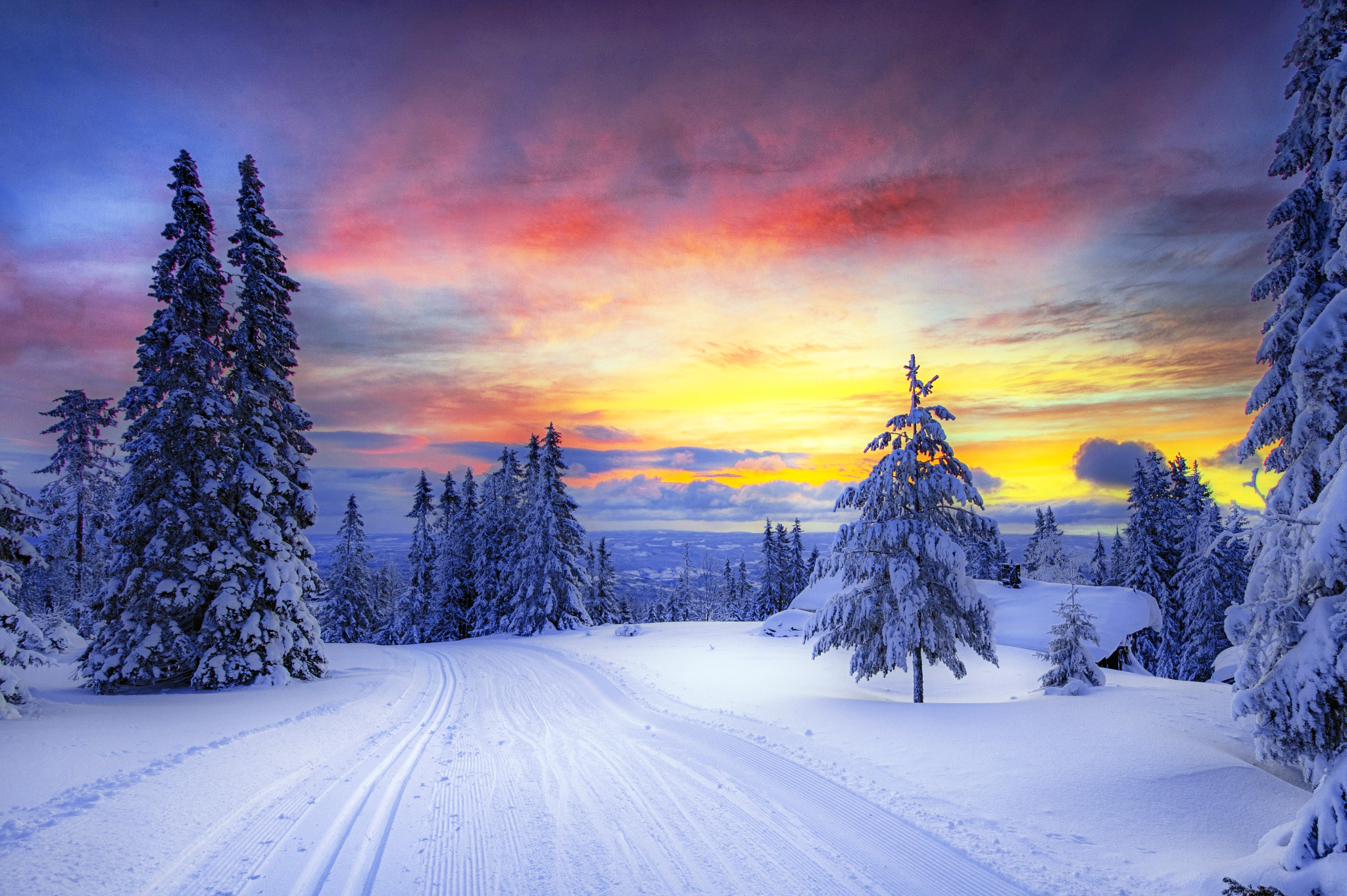 Sunset over Winter Landscape HD Wallpaper