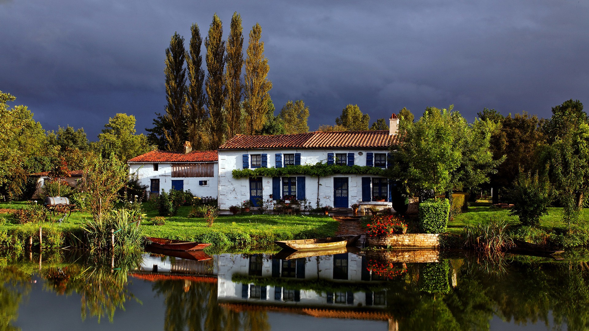 Wallpaper, landscape, lake, nature, reflection, house, village, river, France, estate, tree, autumn, flower, home, mansion, rural area, waterway, residential area 1920x1080