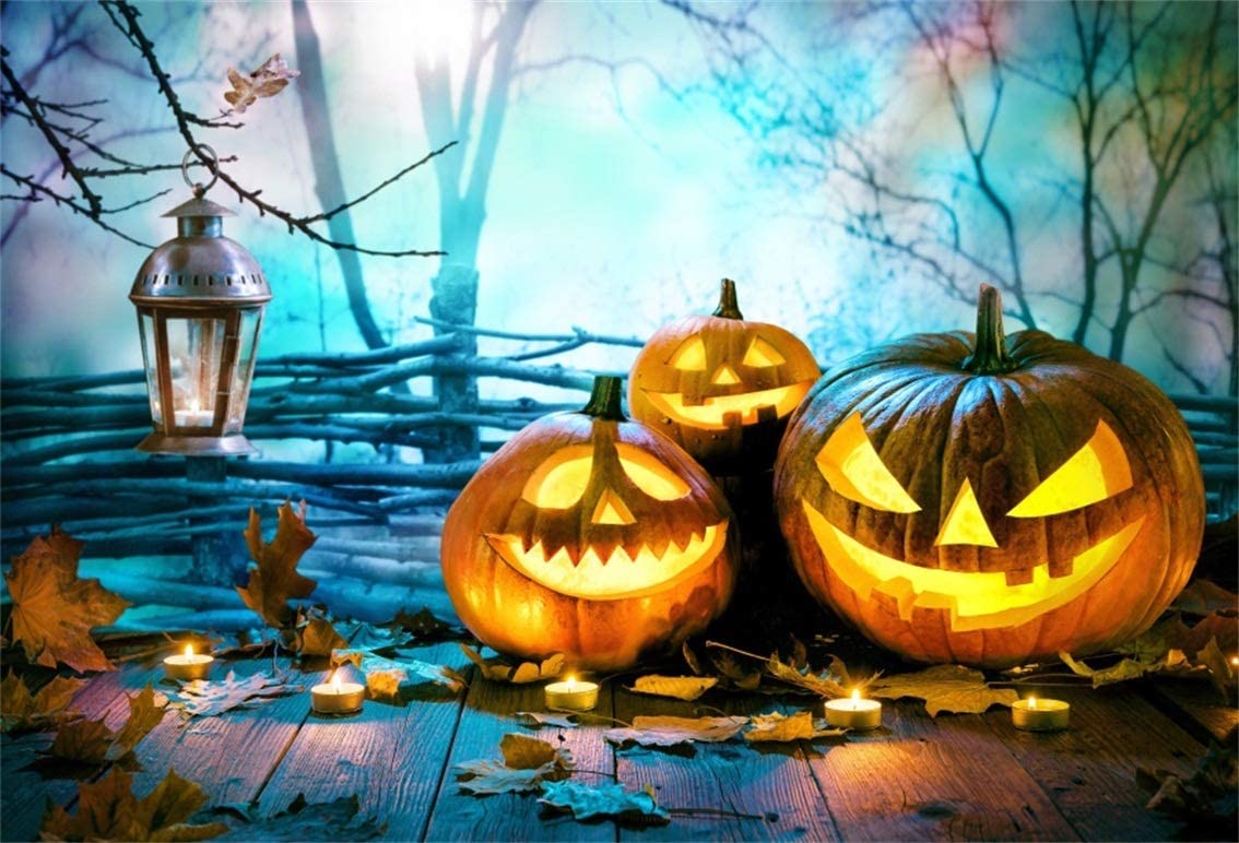 Amazon.com, CSFOTO 8x6ft Halloween Background Pumpkins on Wood in Front Nightly Spooky Forest Photography Backdrop Horror Night Halloween Party Decor Retro Lamp Child Photo Studio Props Video Wallpaper