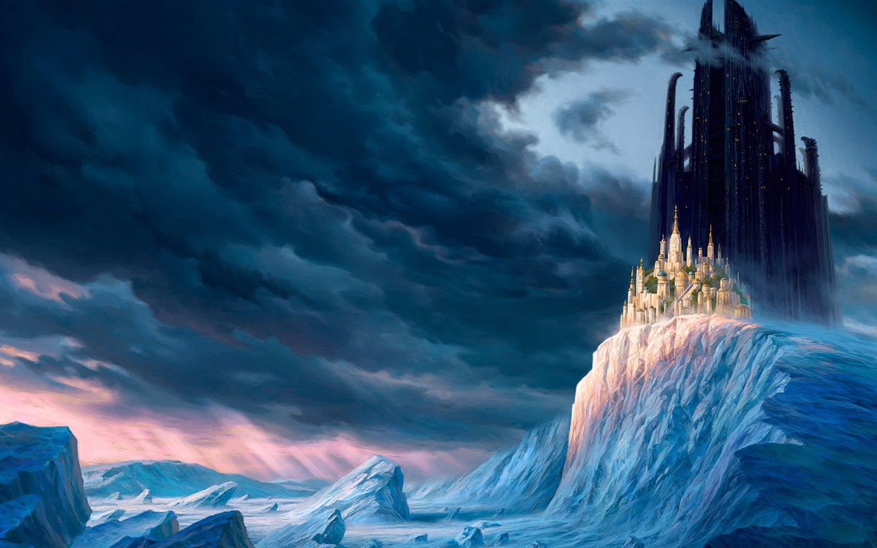 Wallpaper Winter, mountains, snow, ice, clouds, castle, city, skyscrapers, fantasy world 1920x1080 Full HD 2K Picture, Image