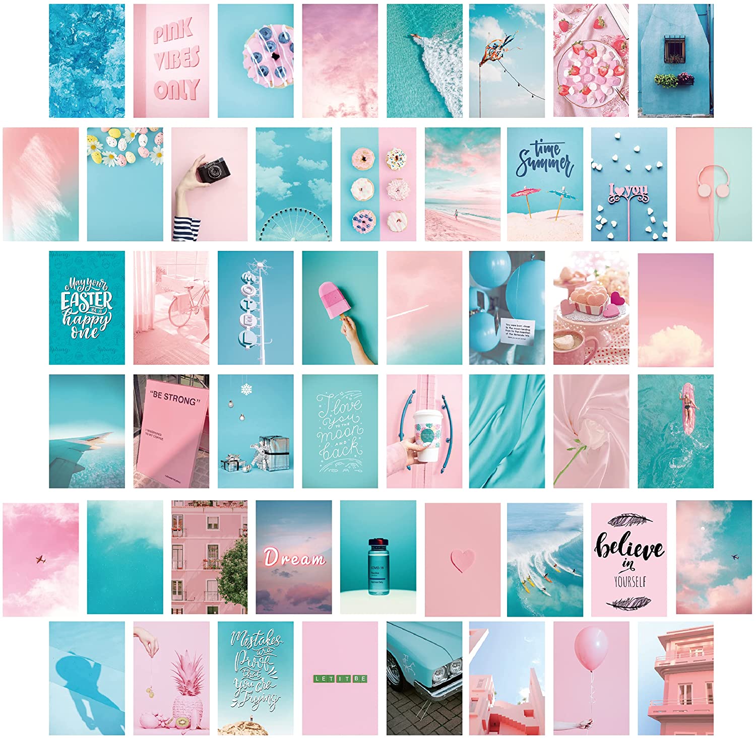 Buy LOVEDMORE Photo Collage Kit for Wall Aesthetic 50 Picture Lite Blue and Pink. Teal Wall Decor for Bedroom Aesthetic. Cute Living Room Decor for Girls. Chic Pink and