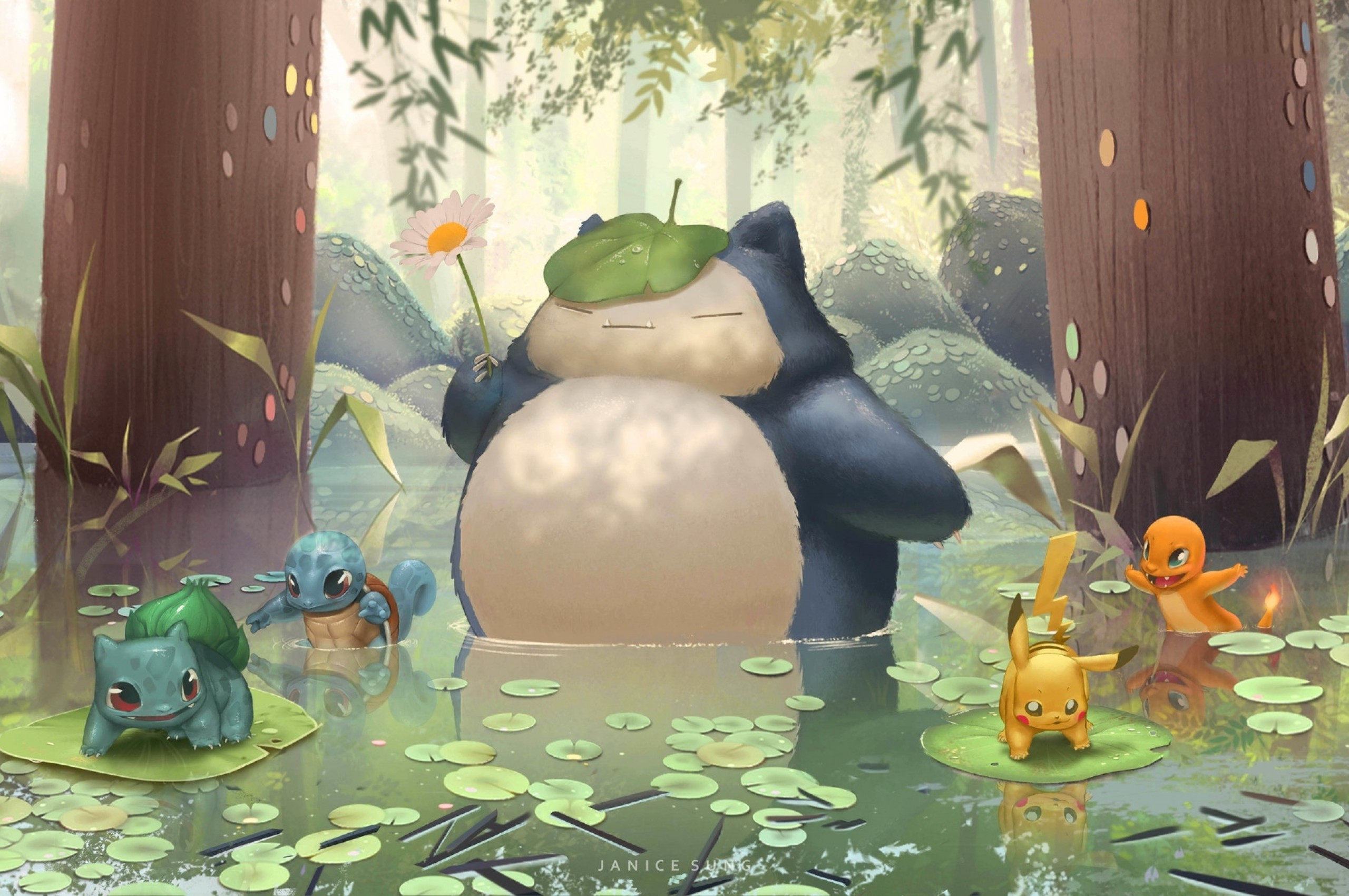 Download 2560x1700 Pokemon, Squirtle, Pikachu, Bulbasaur, Charmander, Snorlax, Water, Forest Wallpaper for Chromebook Pixel