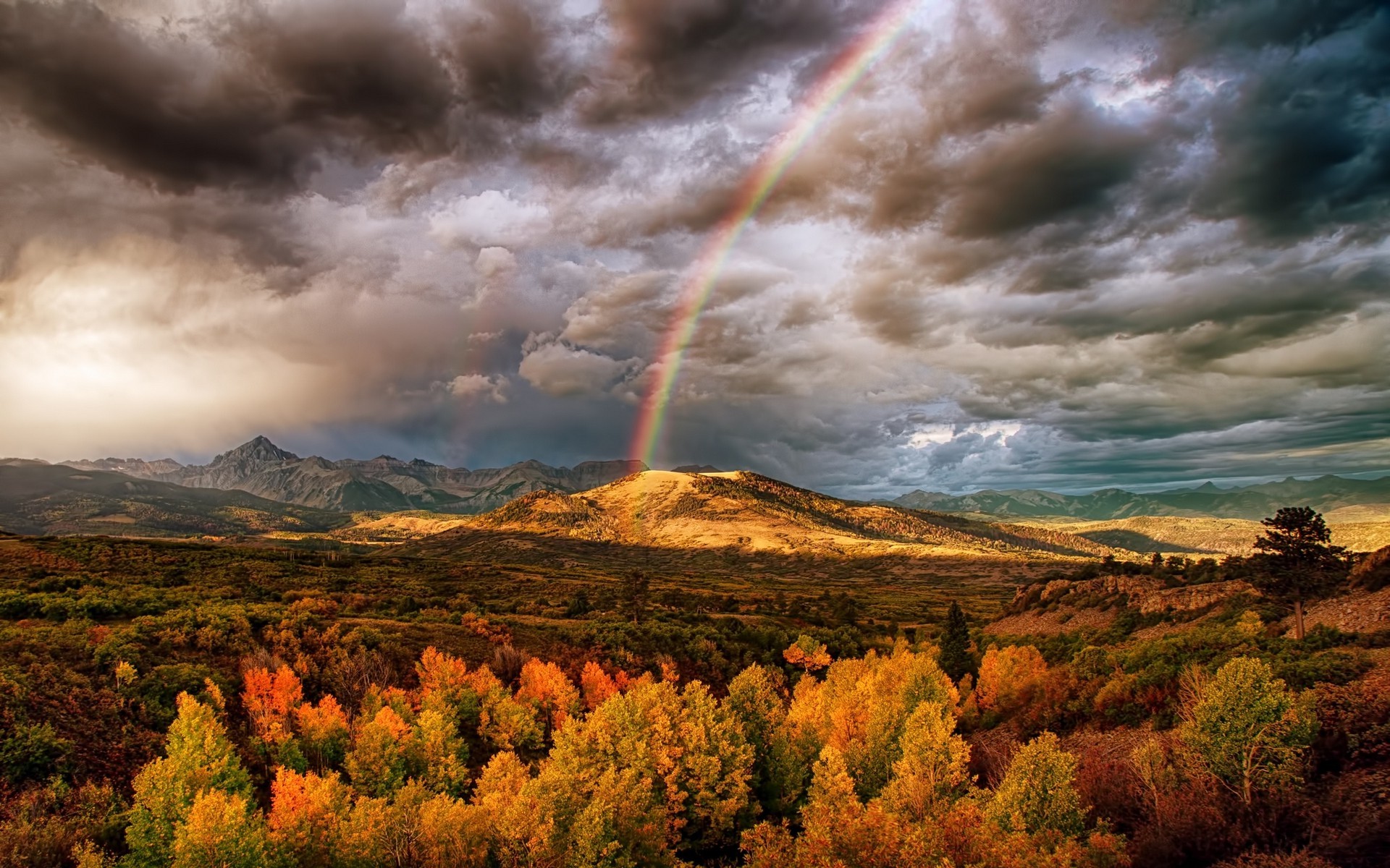 nature, Landscape, Rainbows, Mountain, Fall, Clouds, Trees, Colorful Wallpaper HD / Desktop and Mobile Background