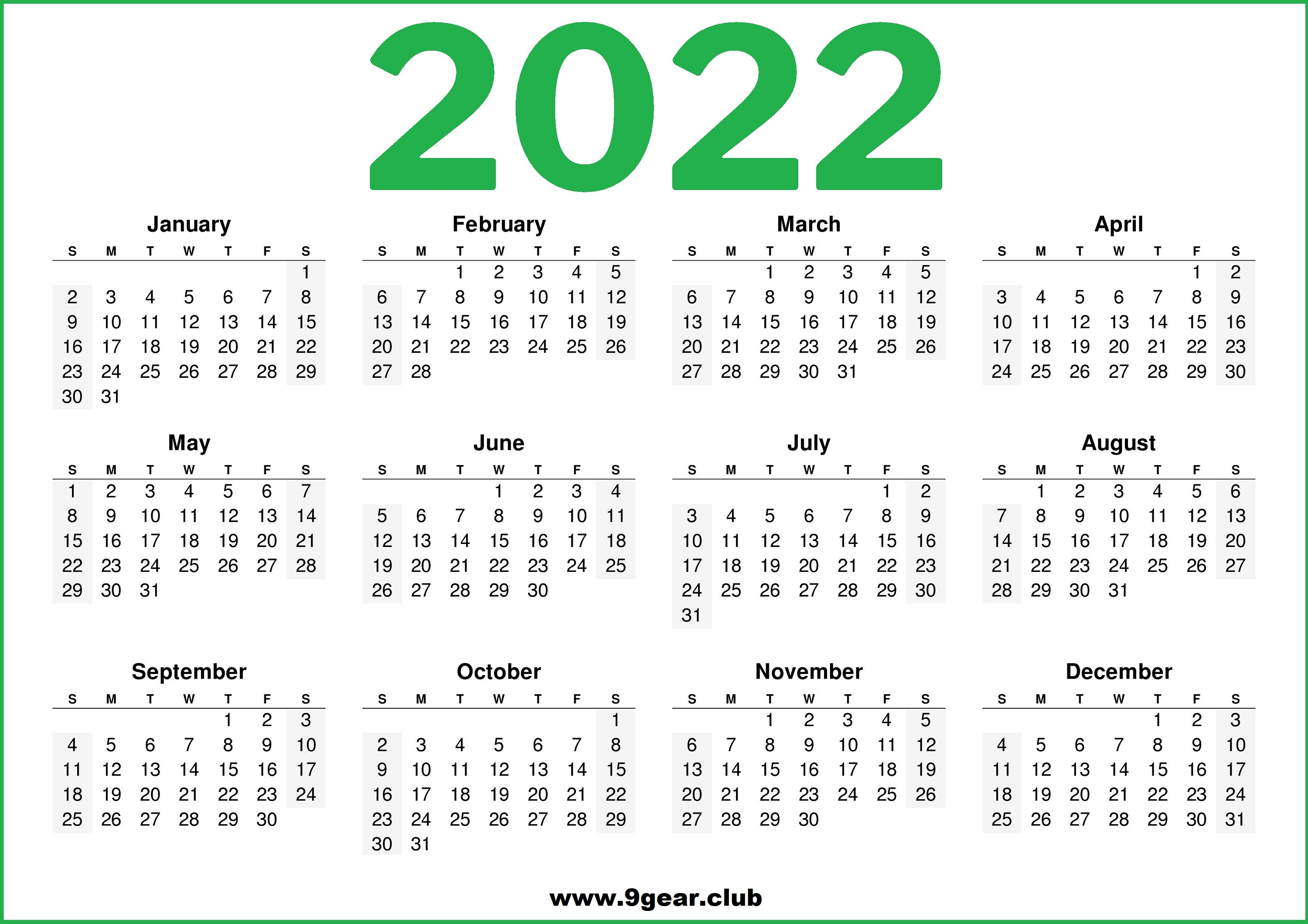 Printable 2022 US Calendar Green Color