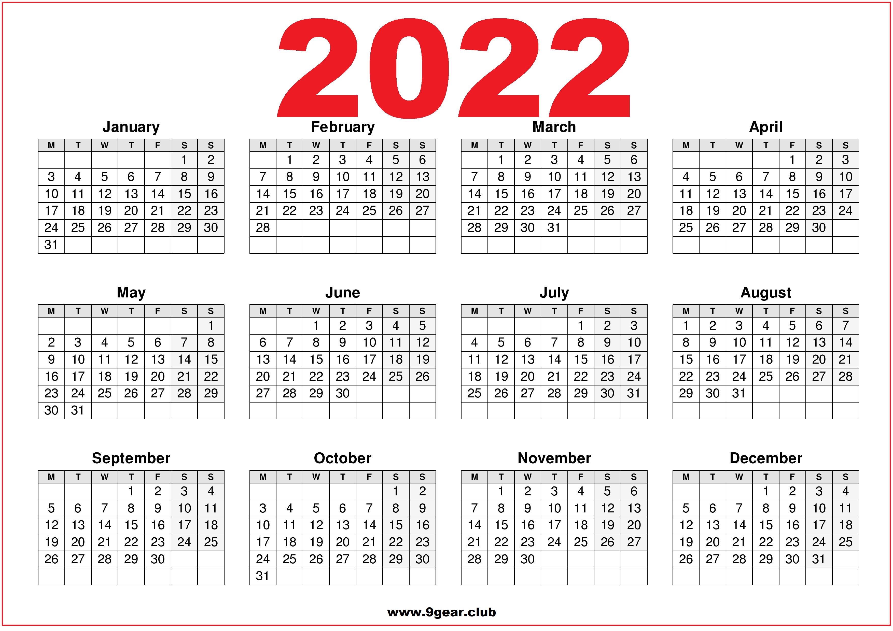 UK Calendar 2022 Printable Red and White Calendars 2022