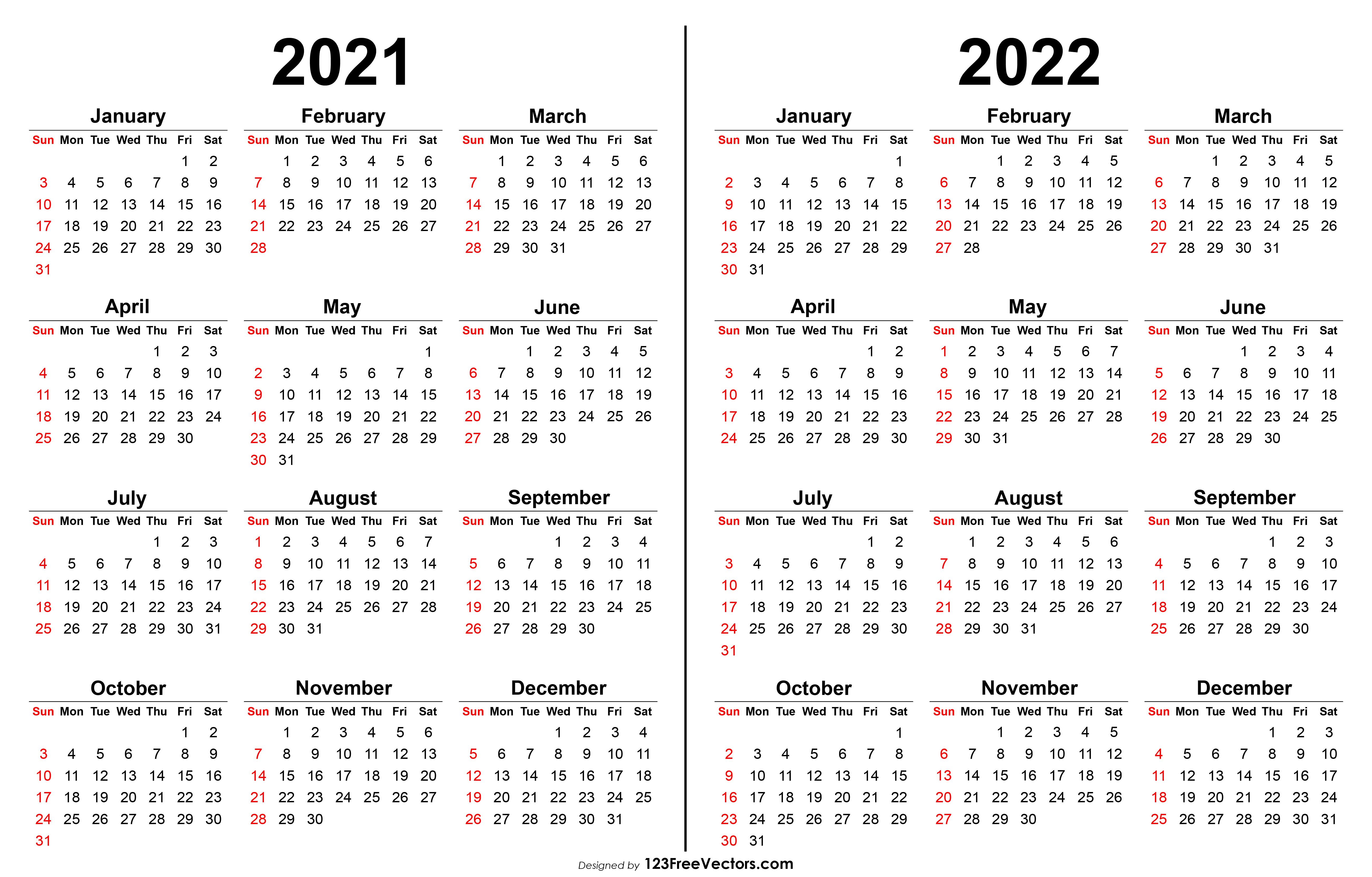 Free Download Printable Yearly Calendar 2021 and 2022 Ai Vector Print , Place for Photo, C. Printable yearly calendar, Calendar printables, Print calendar