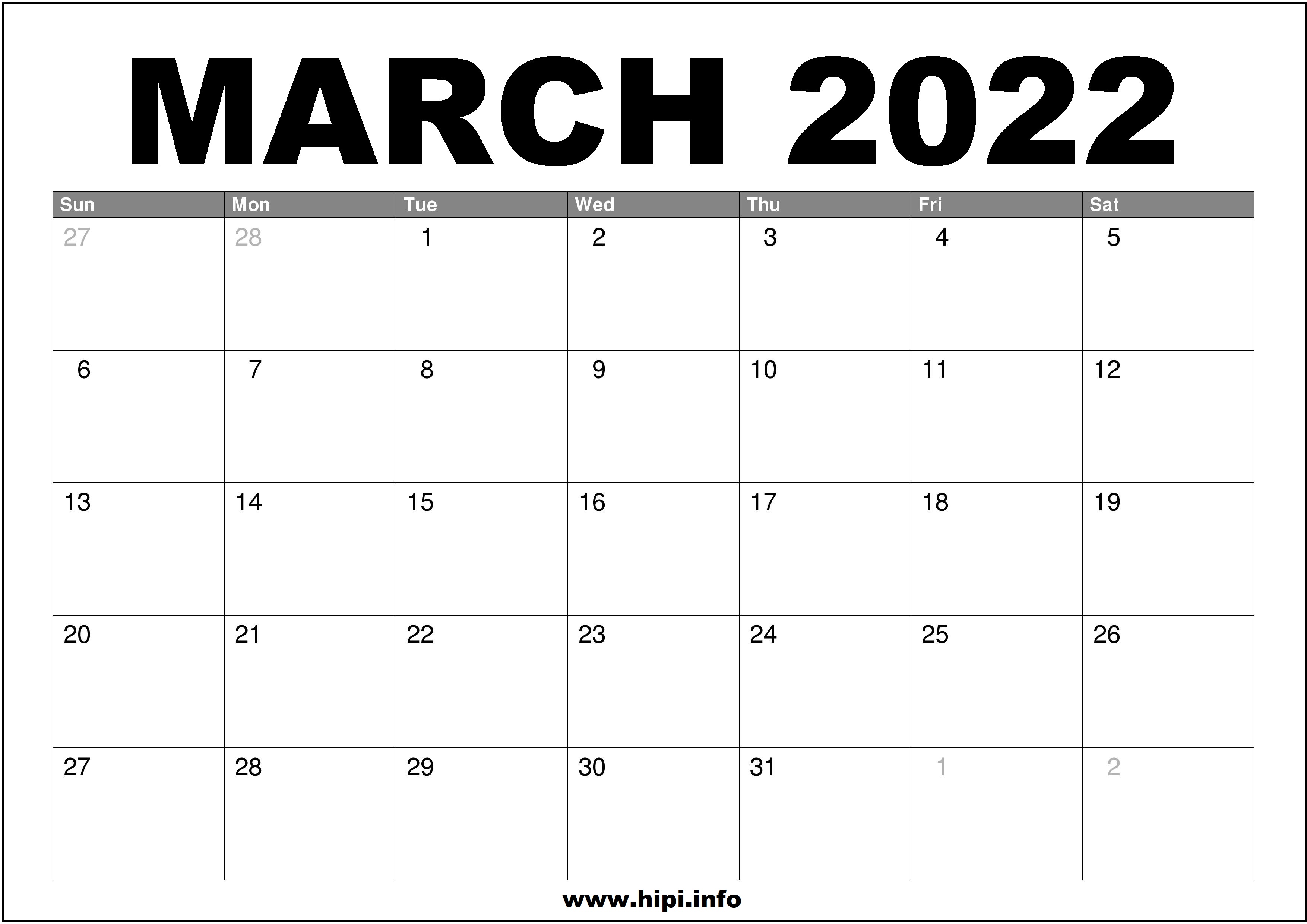 march 2022 calendar heading