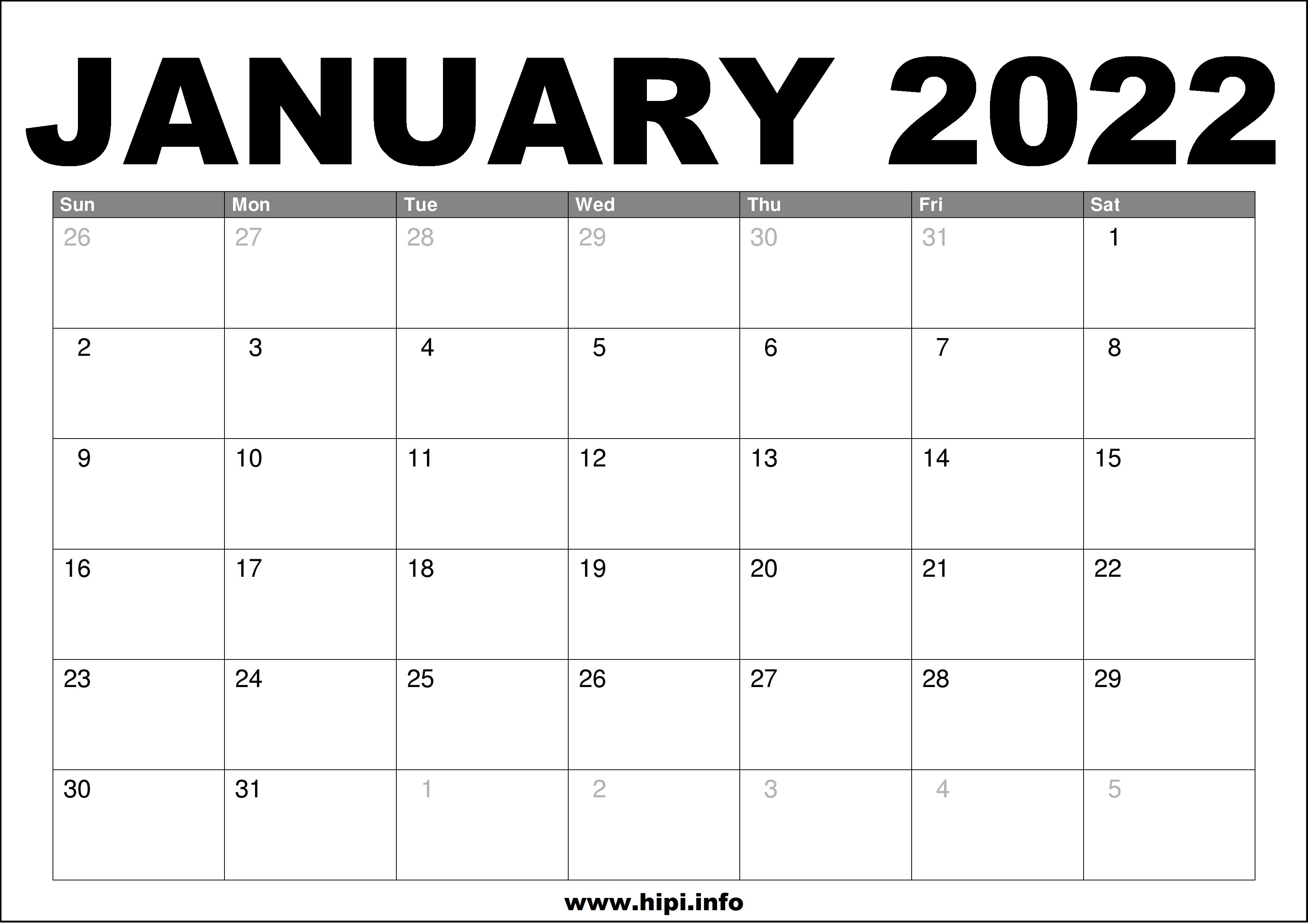 January 2022 Calendar Printable Free
