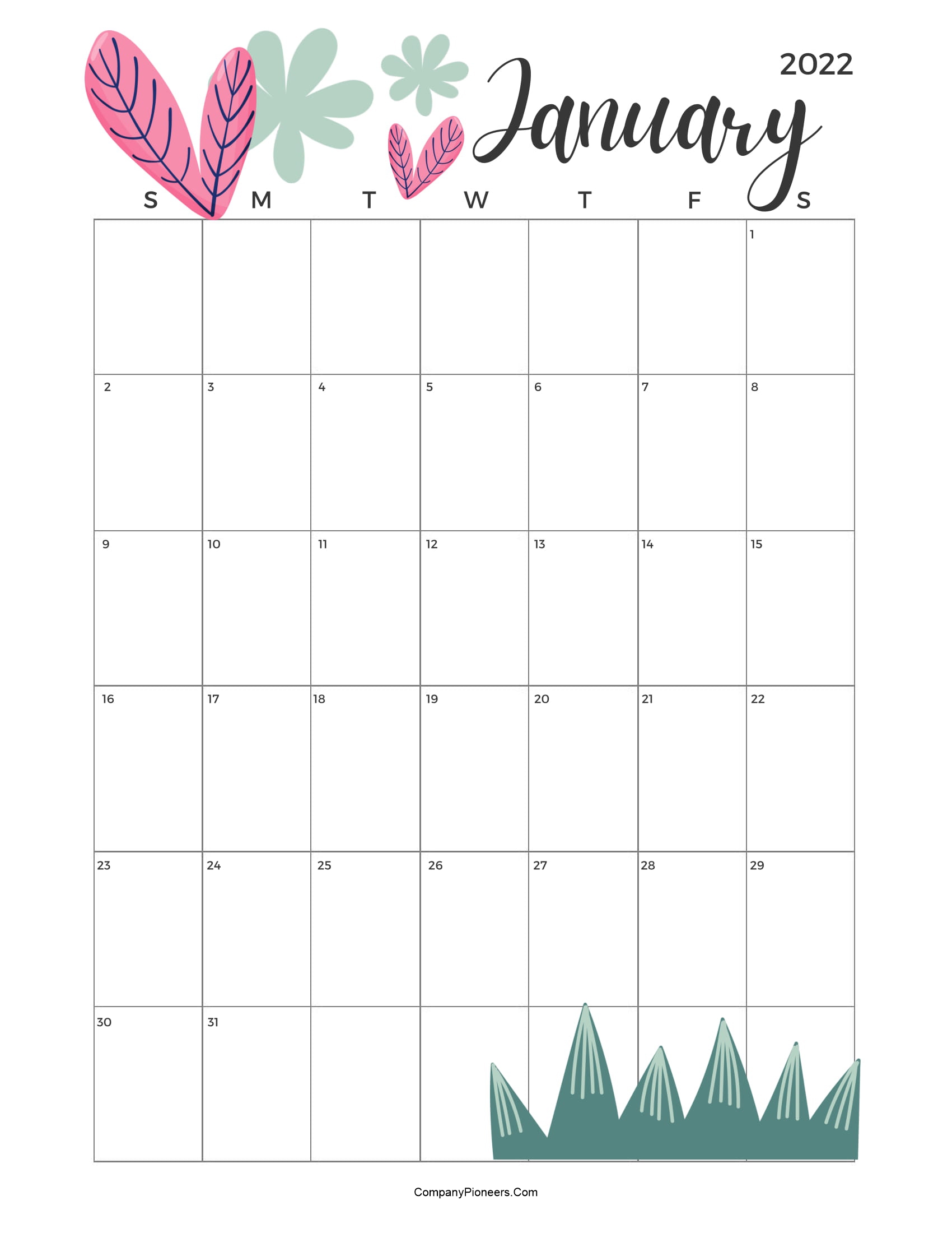 Floral January 2022 Calendar Templates