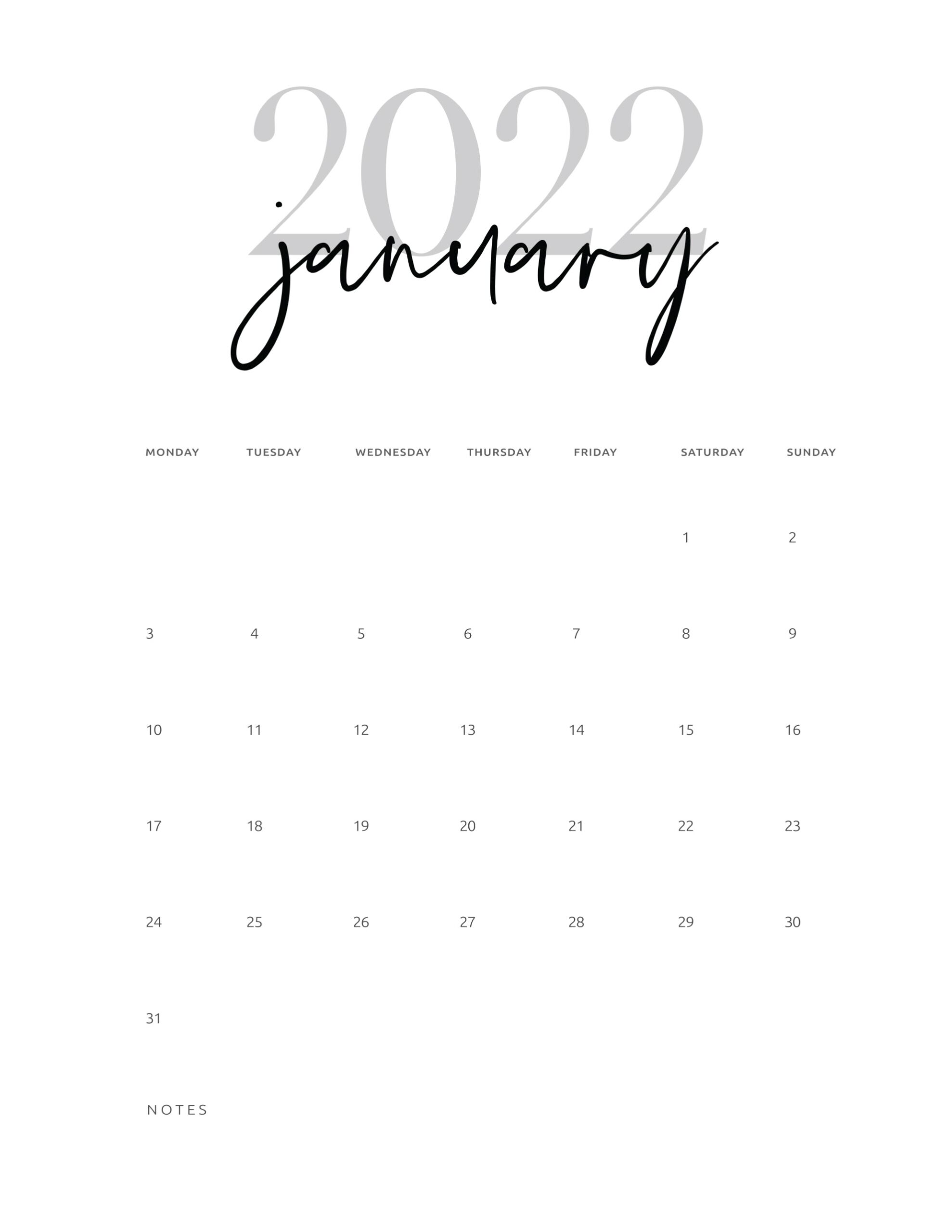 Free 2022 Monthly Calendar