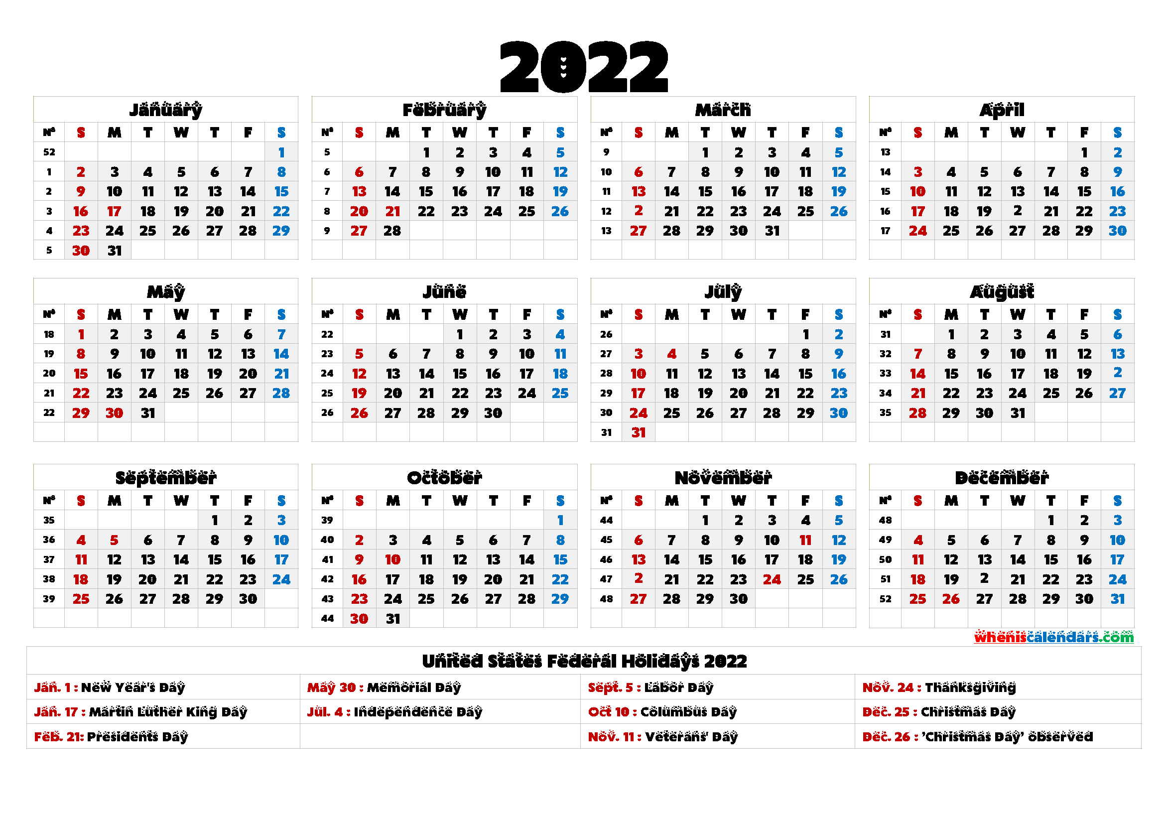 Free Printable 2022 Calendar
