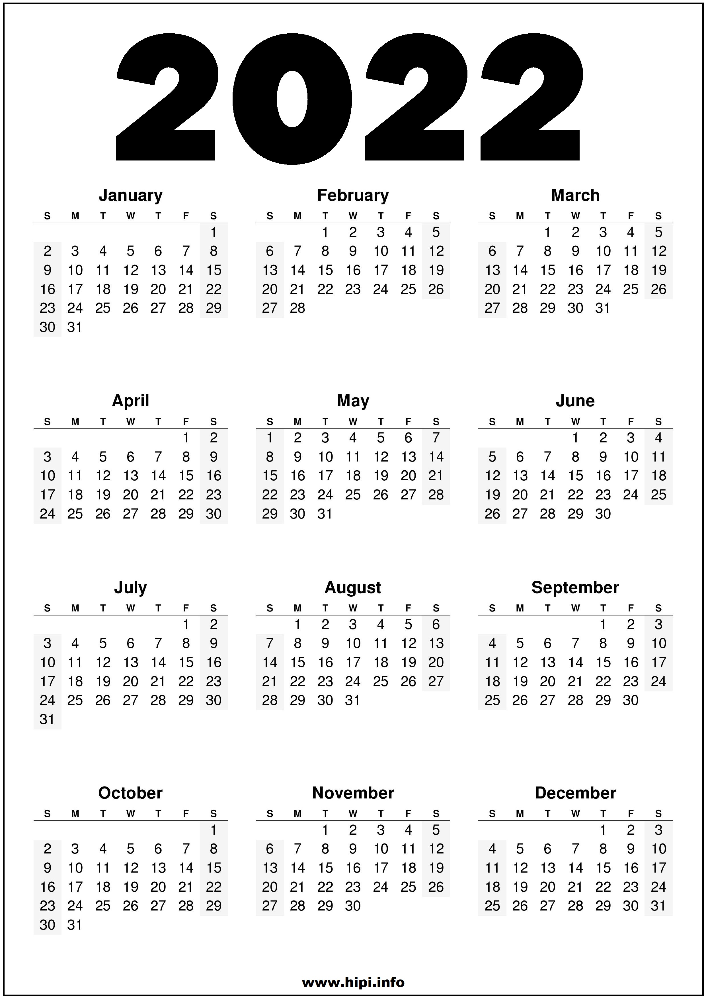 2022 Printable US Calendar Black and White