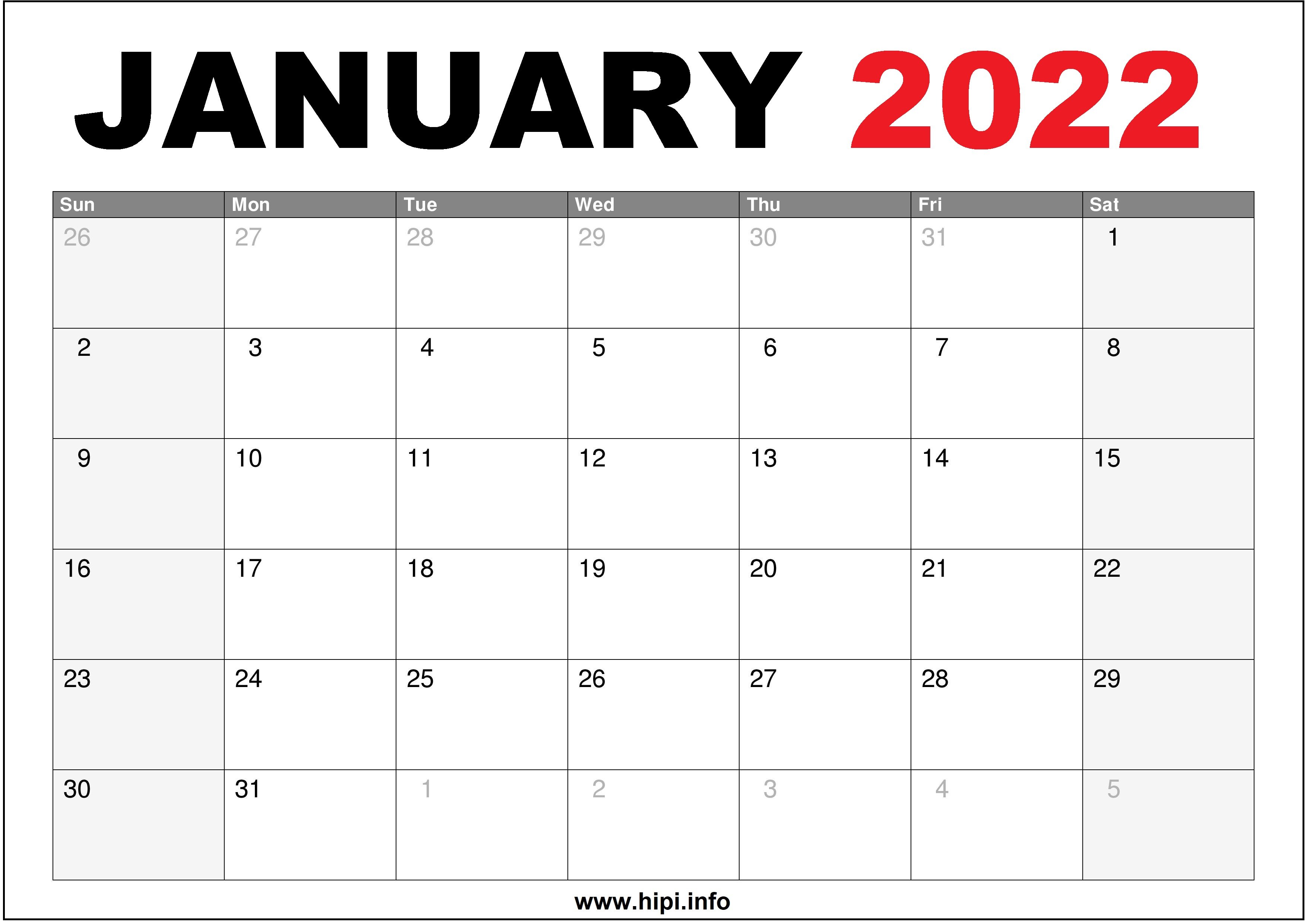 January 2022 Calendar US Printable