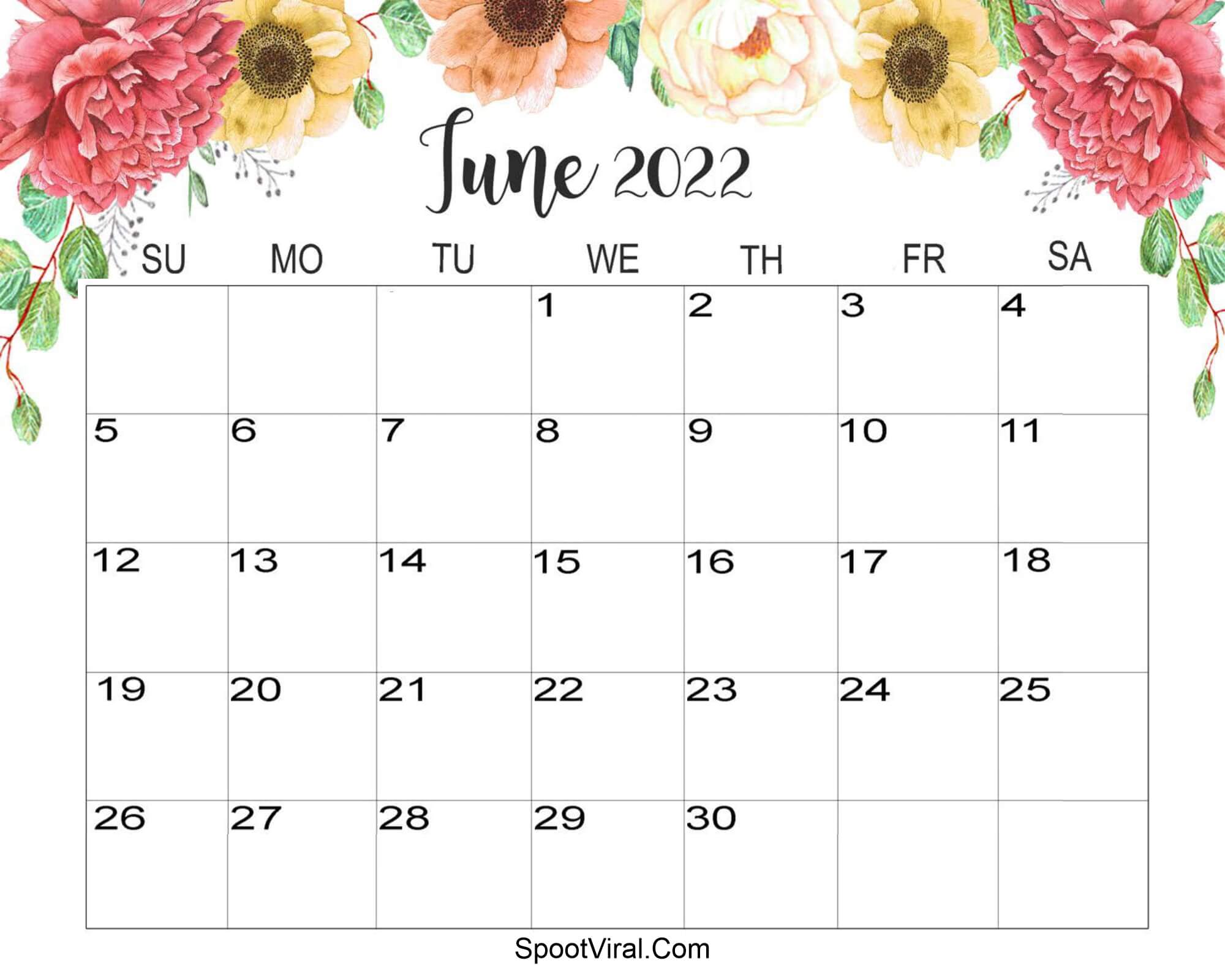 Floral June 2022 Calendar Cute