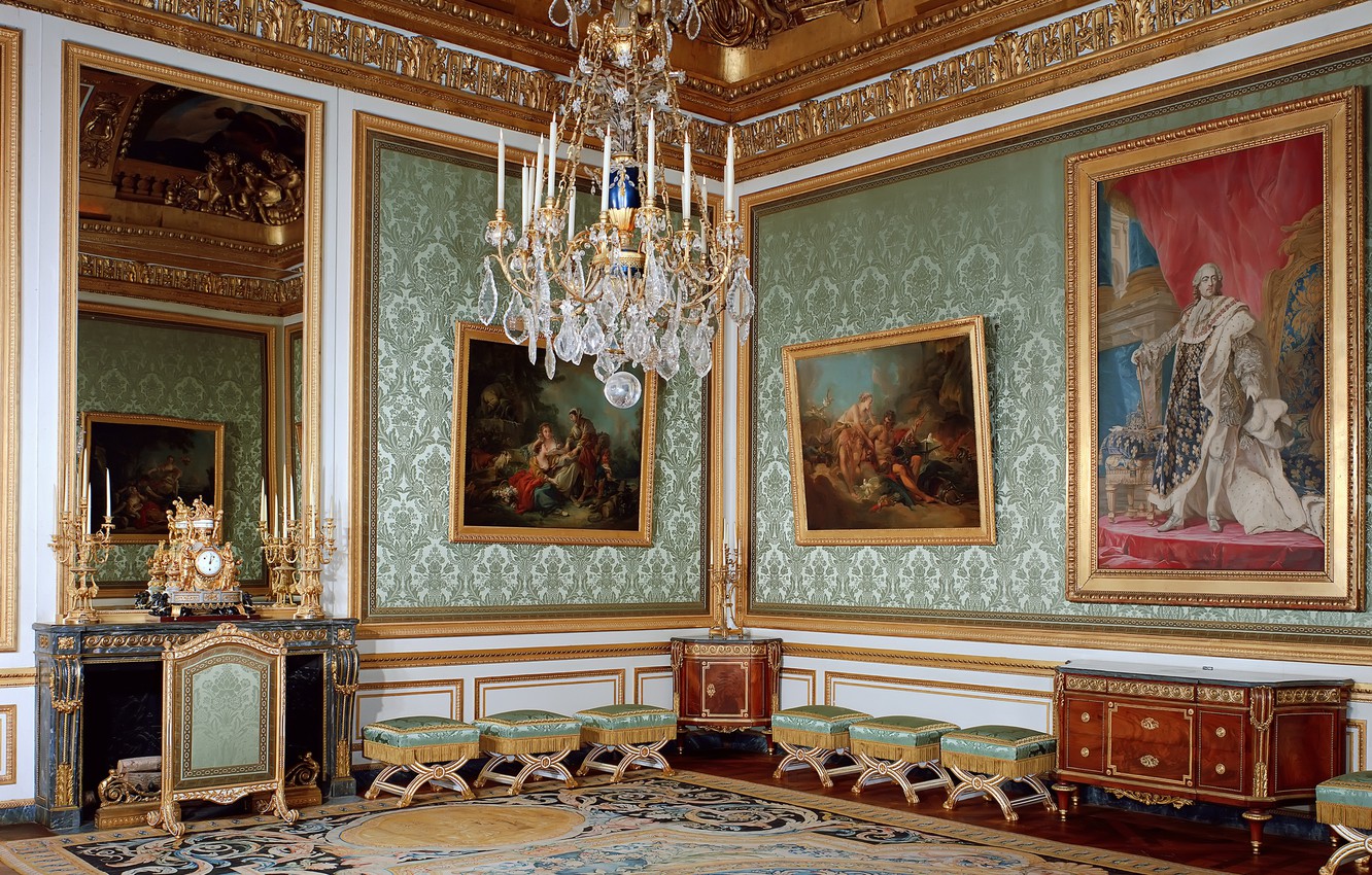 Wallpaper design, France, interior, picture, hall, Palace, chandeliers, Versailles image for desktop, section интерьер