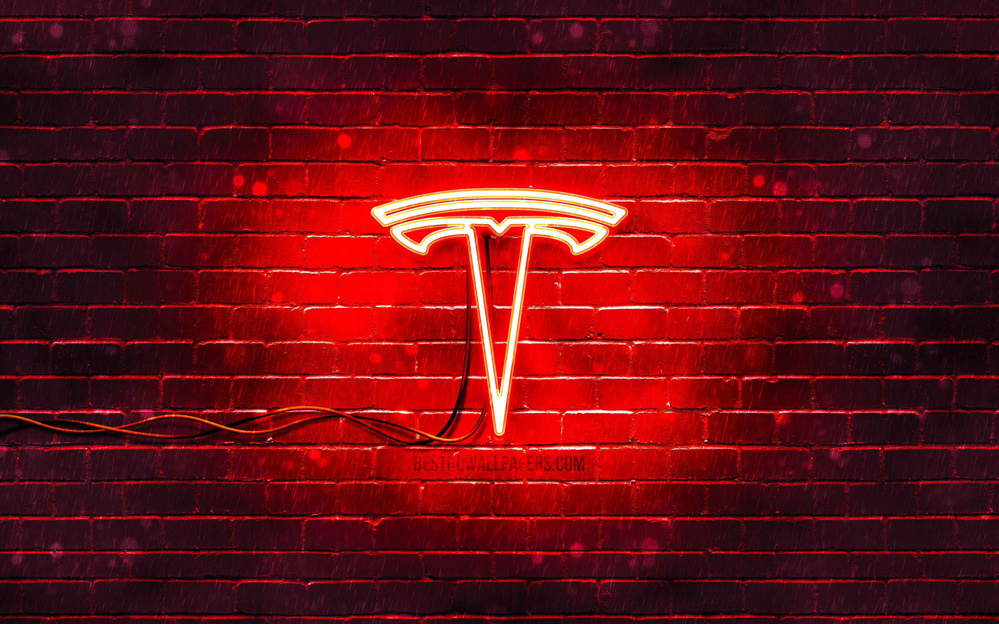 Download wallpapers Tesla red logo, 4k, red brickwall, Tesla logo, cars bra...